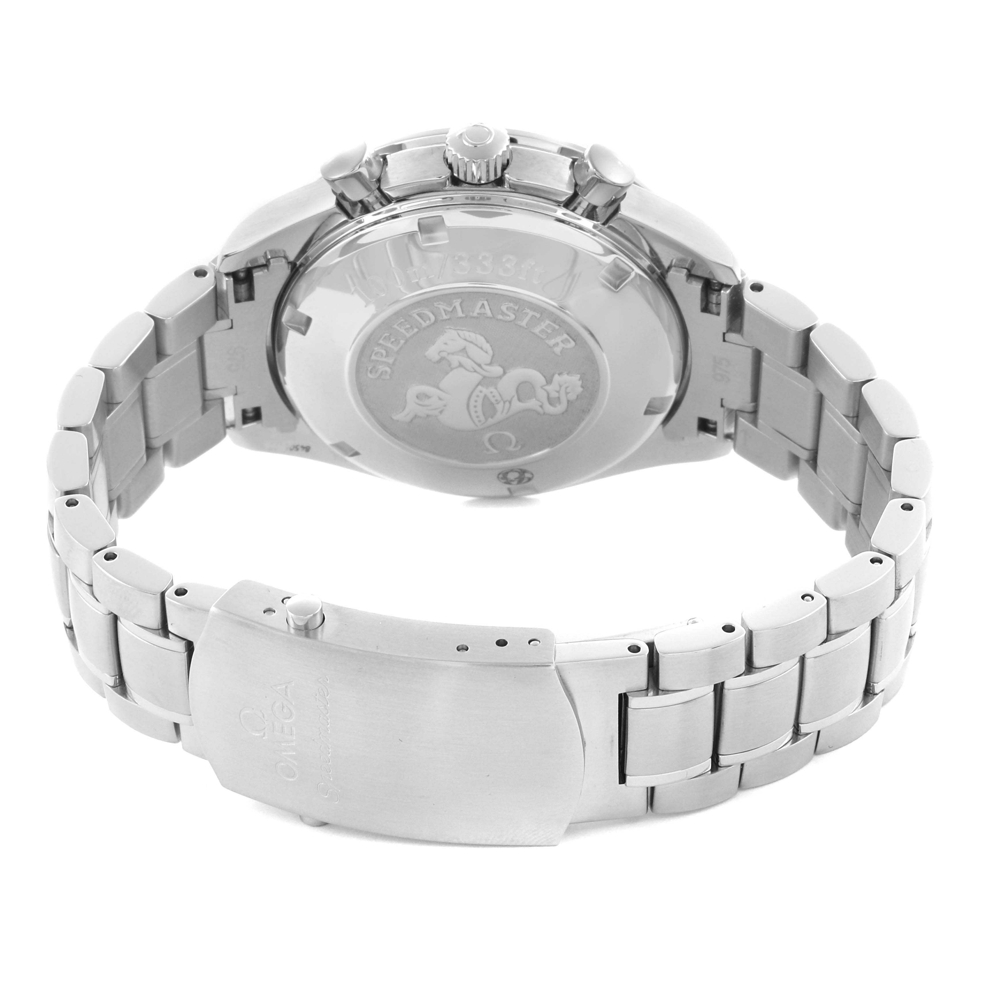 The image shows the Omega Speedmaster 3222.80.00 Men
s Stainless Steel Blue Dial 3222.80.00 Men
s Stainless Steel Blue Dial from the back, highlighting the case back and clasp.