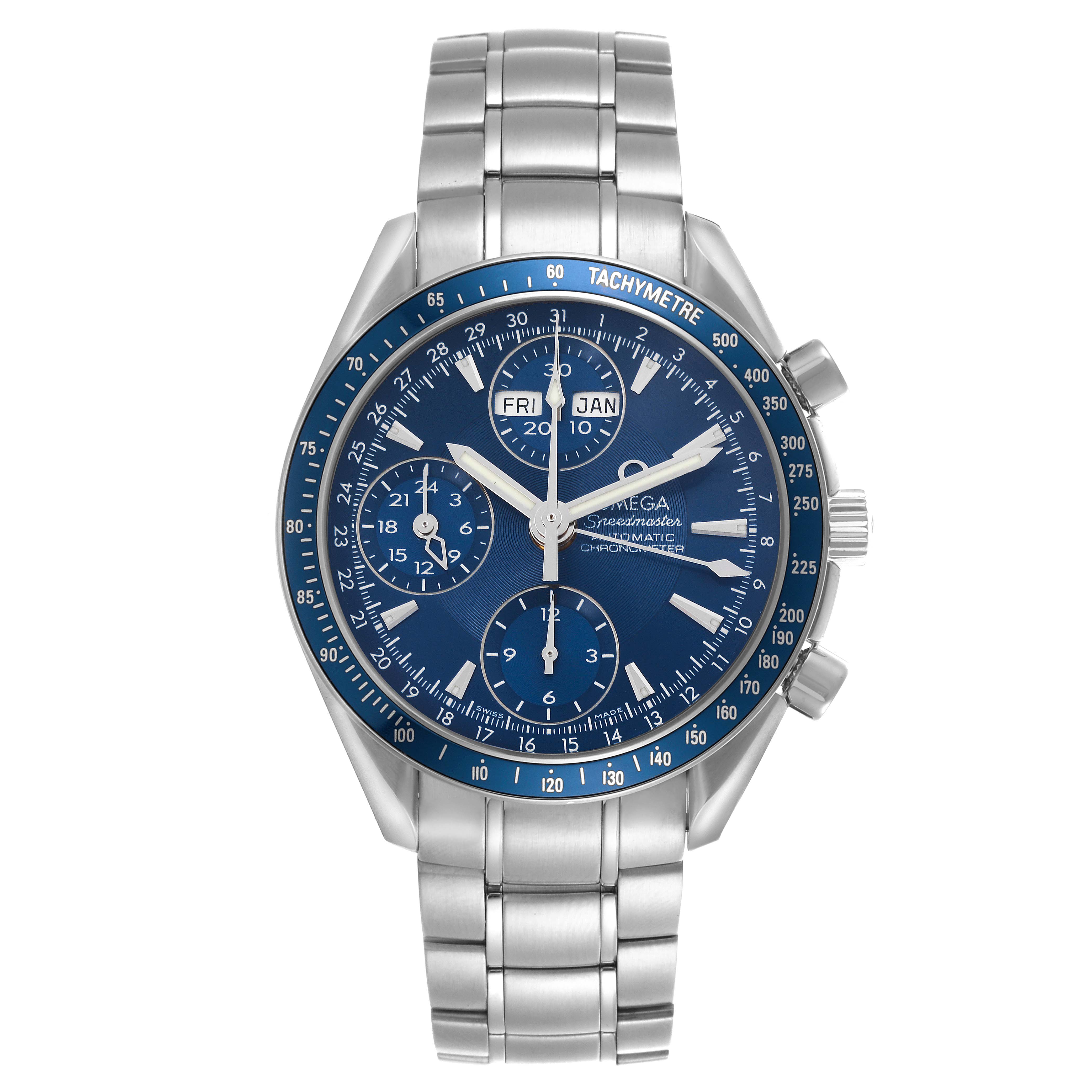 The Omega Speedmaster 3222.80.00 Men
s Stainless Steel Blue Dial 3222.80.00 Men
s Stainless Steel Blue Dial watch is shown from a front angle, displaying the dial, bezel, and metal bracelet clearly.