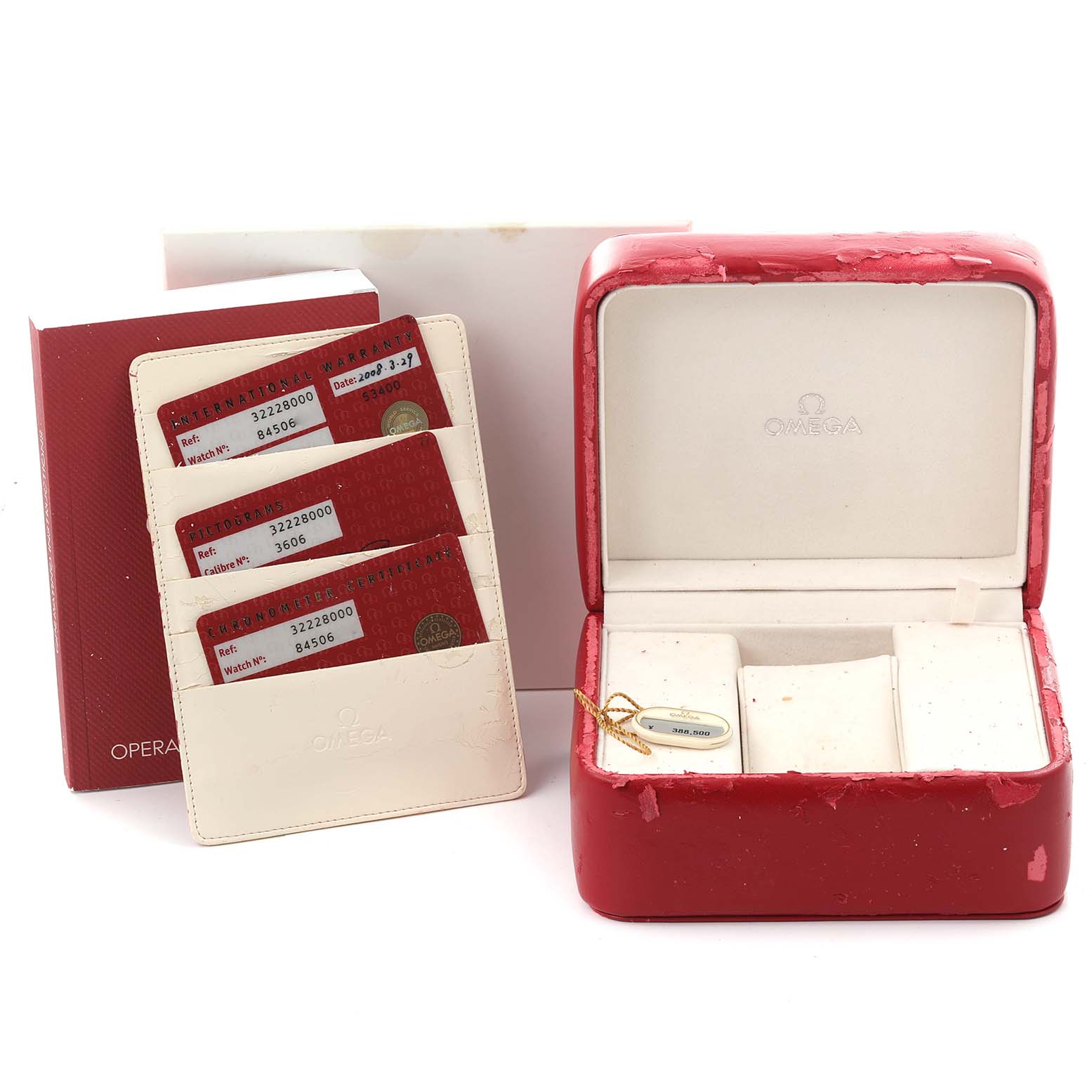 The image shows an Omega Speedmaster 3222.80.00 Men
s Stainless Steel Blue Dial 3222.80.00 Men
s Stainless Steel Blue Dial watch box, cards, and tag from a frontal angle.