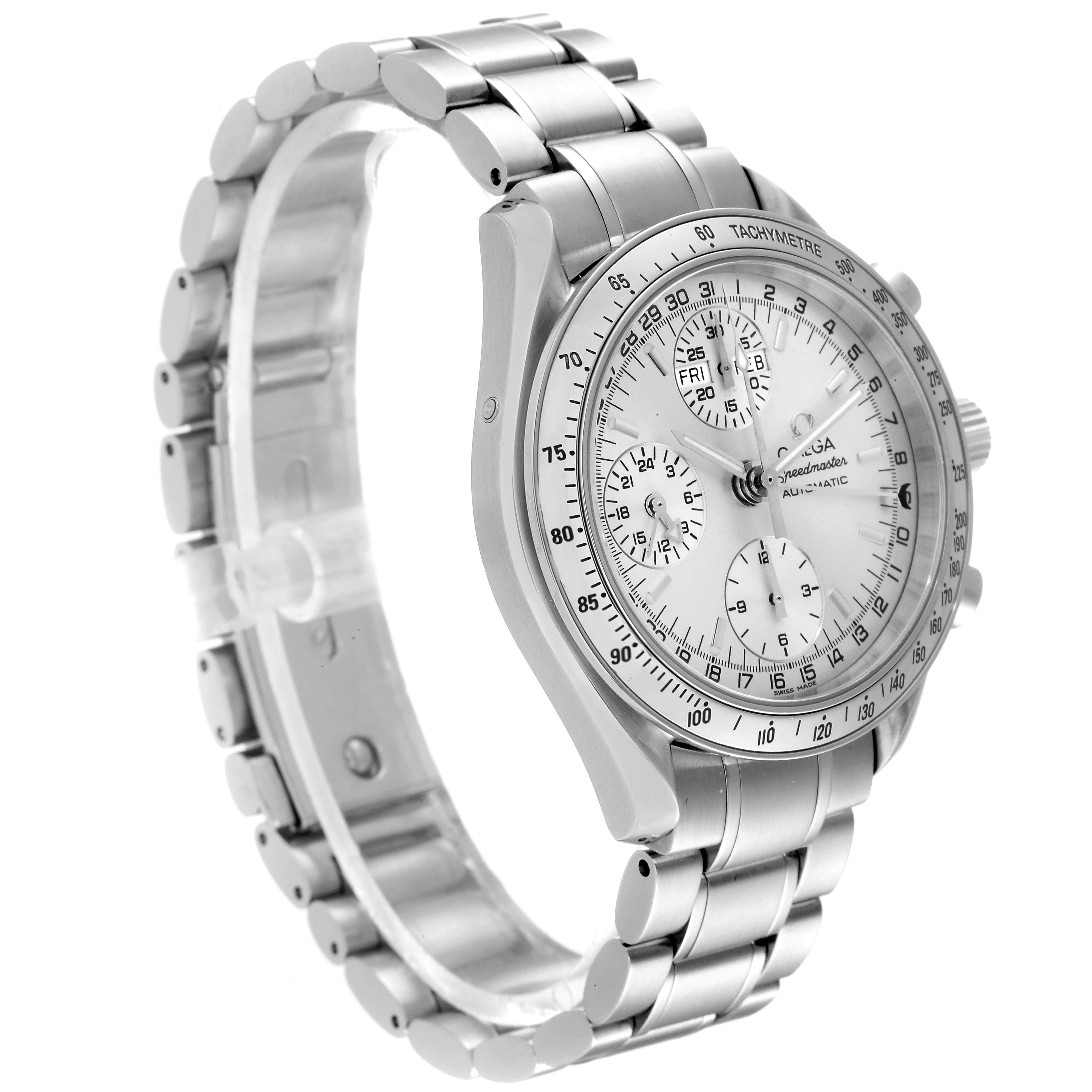 The image shows an Omega Speedmaster 3523.30.00 Men's Stainless Steel Silver Dial 3523.30.00 Men's Stainless Steel Silver Dial watch at an angle highlighting its bracelet, dial, and bezel.