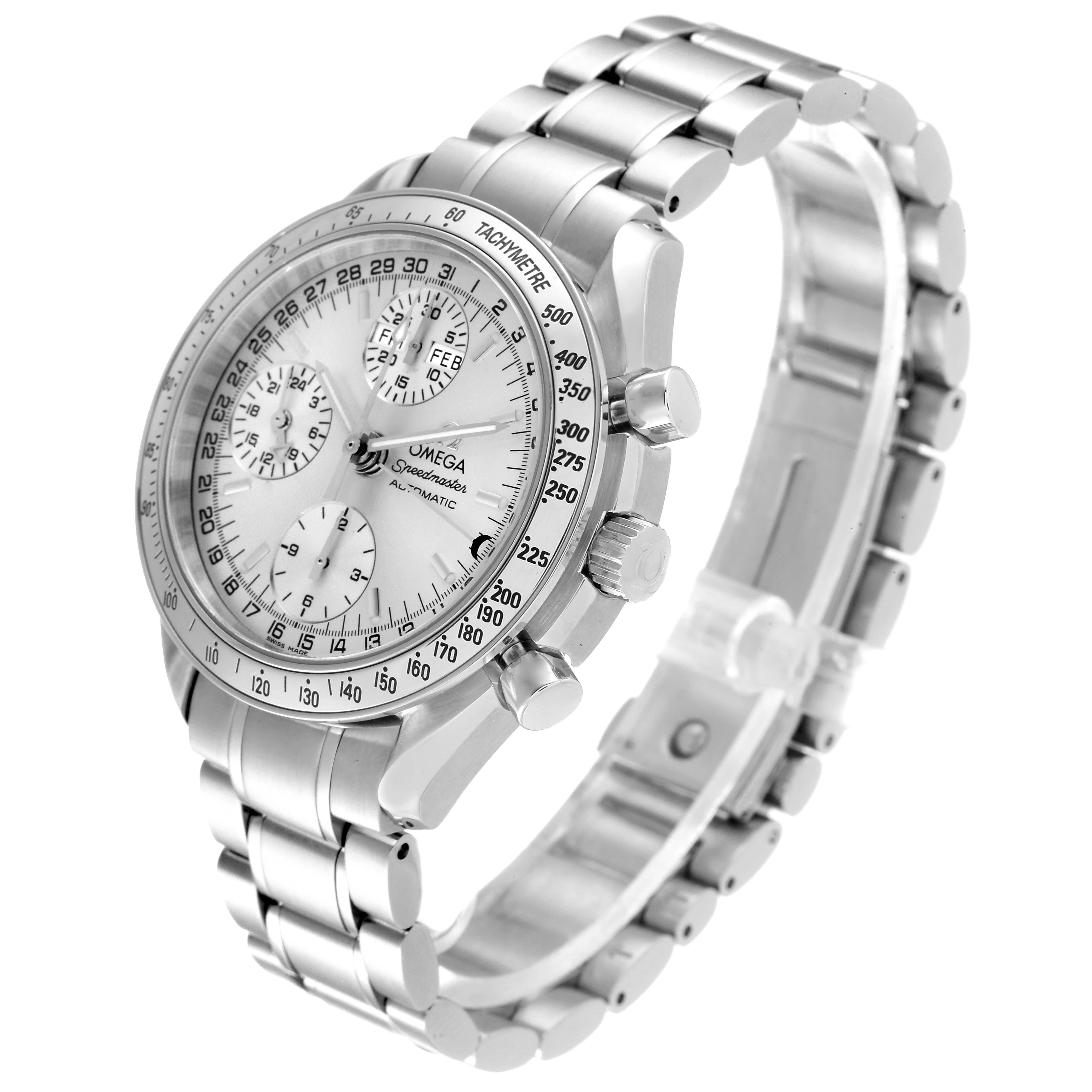 The Omega Speedmaster 3523.30.00 Men's Stainless Steel Silver Dial 3523.30.00 Men's Stainless Steel Silver Dial watch is shown at a slight angle, highlighting the dial, bezel, pushers, and metal bracelet.