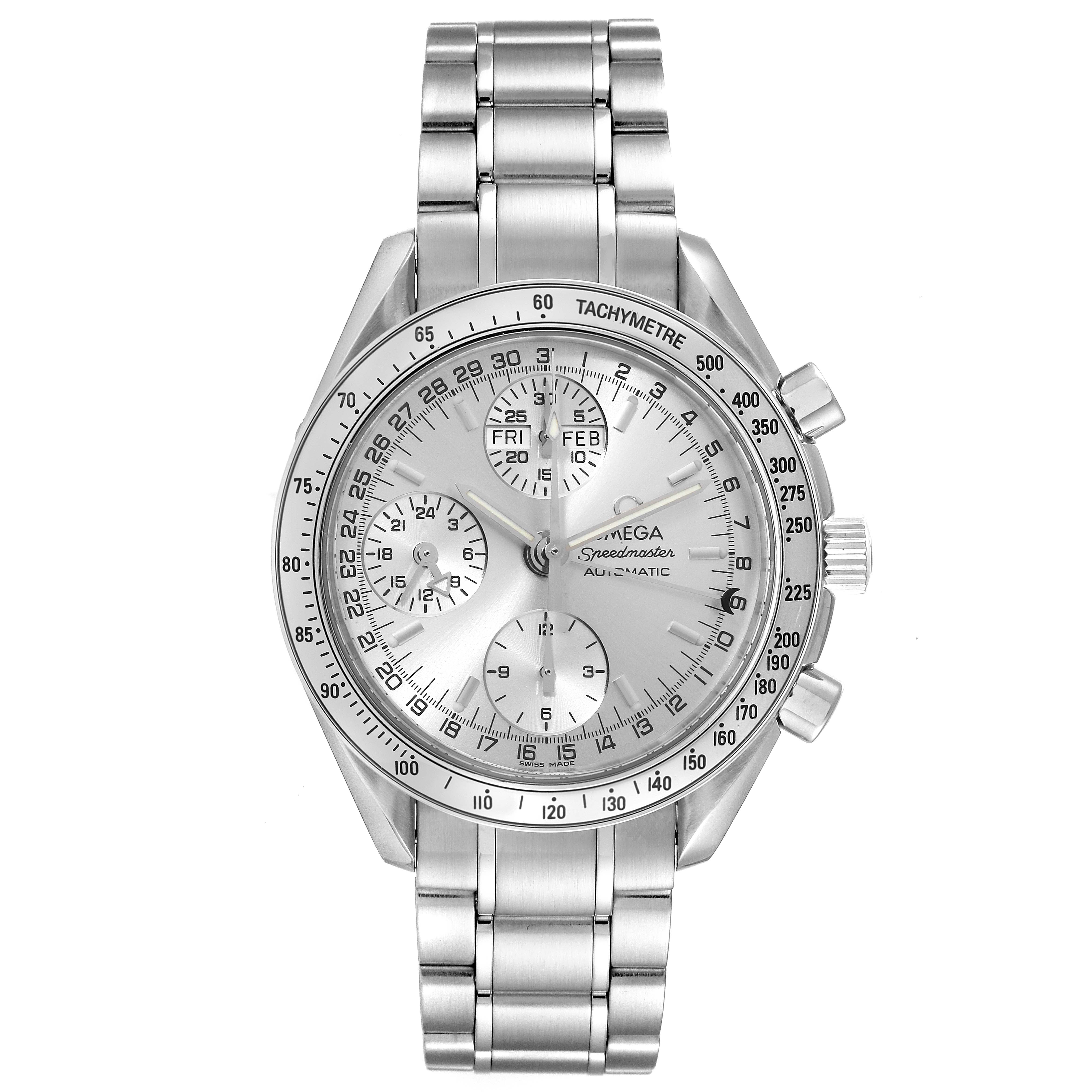 The Omega Speedmaster 3523.30.00 Men's Stainless Steel Silver Dial 3523.30.00 Men's Stainless Steel Silver Dial watch is shown at a straight-on angle, displaying the face, bezel, pushers, and bracelet.