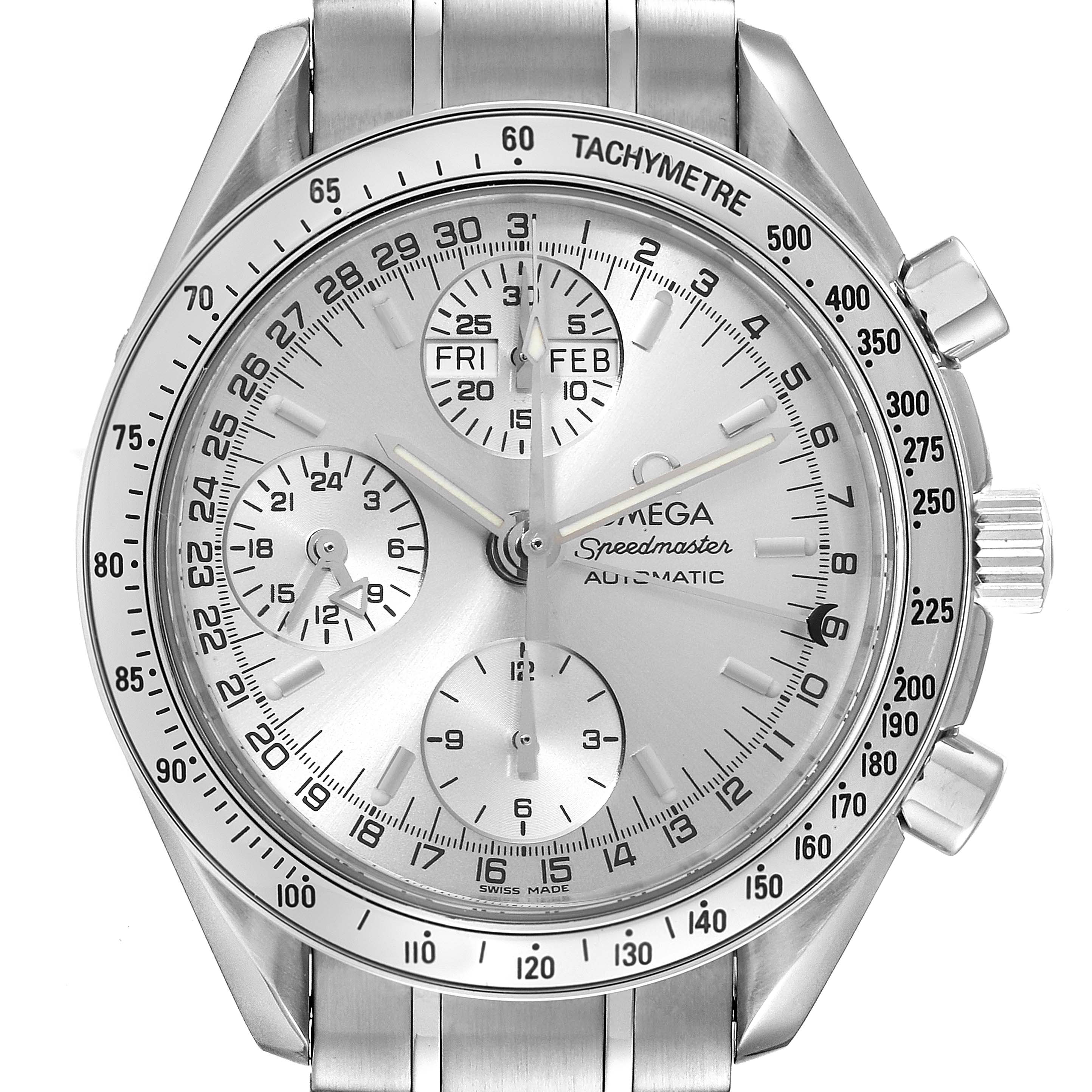 This image shows a close-up, front view of the Omega Speedmaster 3523.30.00 Men's Stainless Steel Silver Dial 3523.30.00 Men's Stainless Steel Silver Dial watch, highlighting its dial, subdials, and tachymeter bezel.