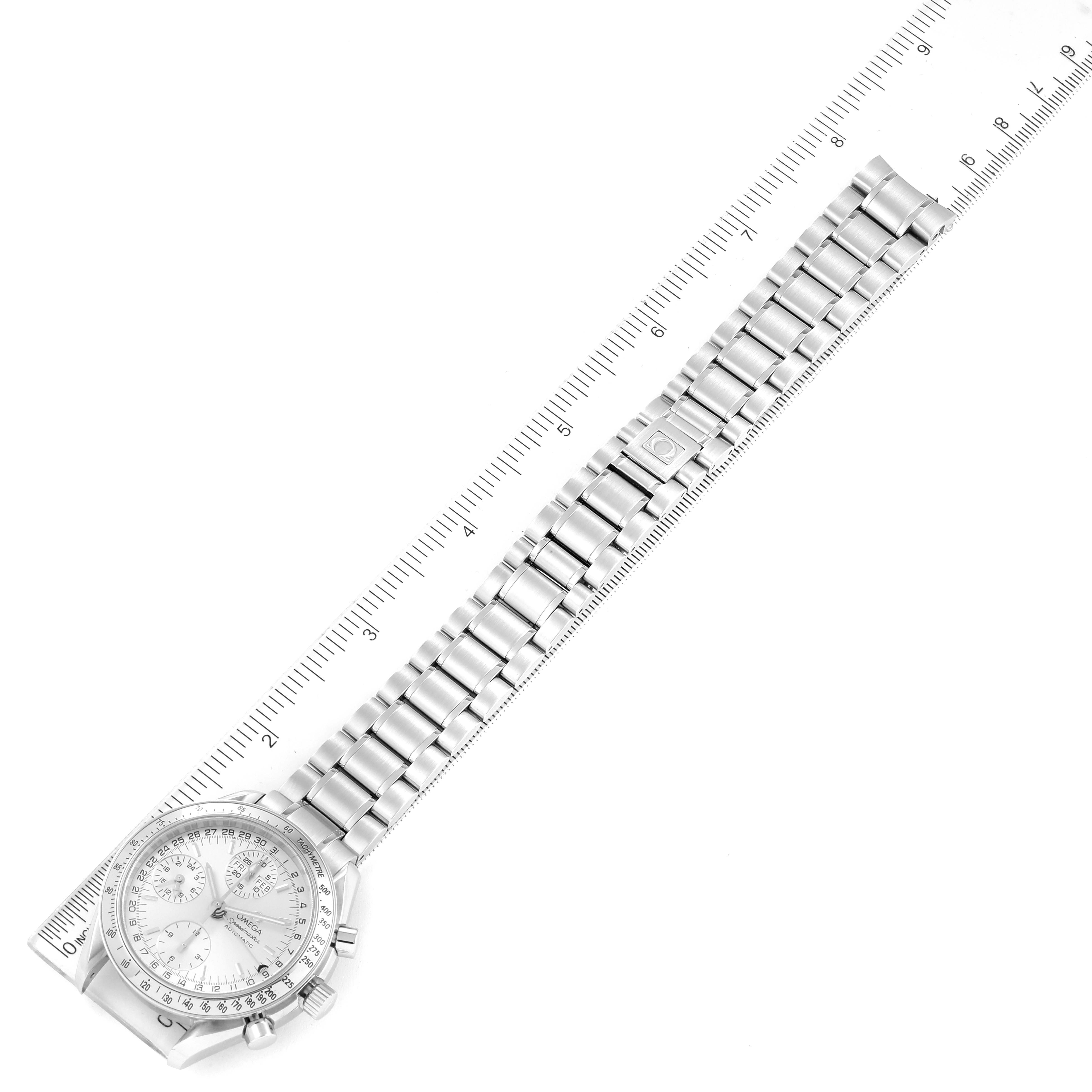 The Omega Speedmaster 3523.30.00 Men's Stainless Steel Silver Dial 3523.30.00 Men's Stainless Steel Silver Dial watch is shown from a top-down angle, featuring the face, bracelet, and clasp.