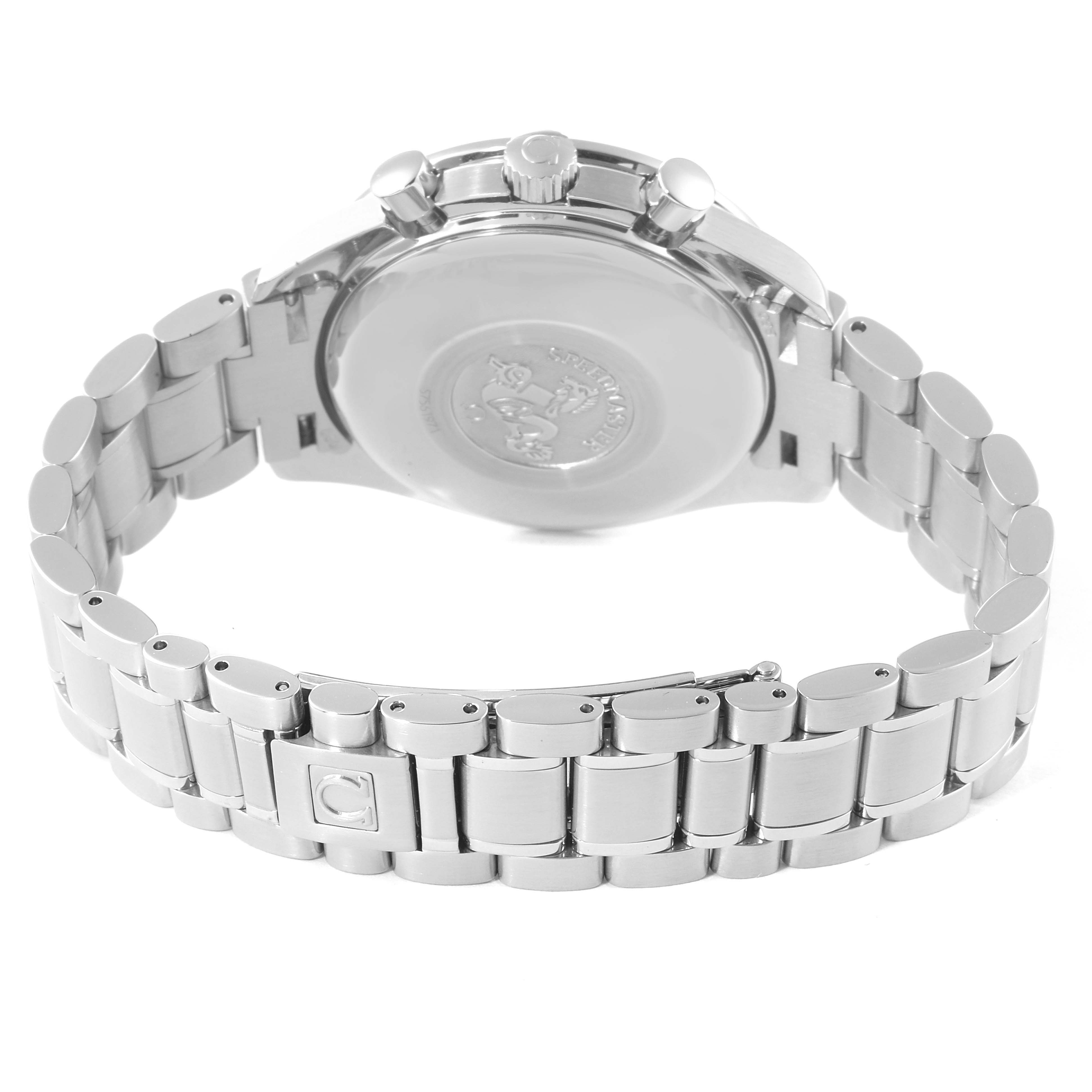 This image shows the back case and bracelet of the Omega Speedmaster 3523.30.00 Men's Stainless Steel Silver Dial 3523.30.00 Men's Stainless Steel Silver Dial watch at a rear angle.