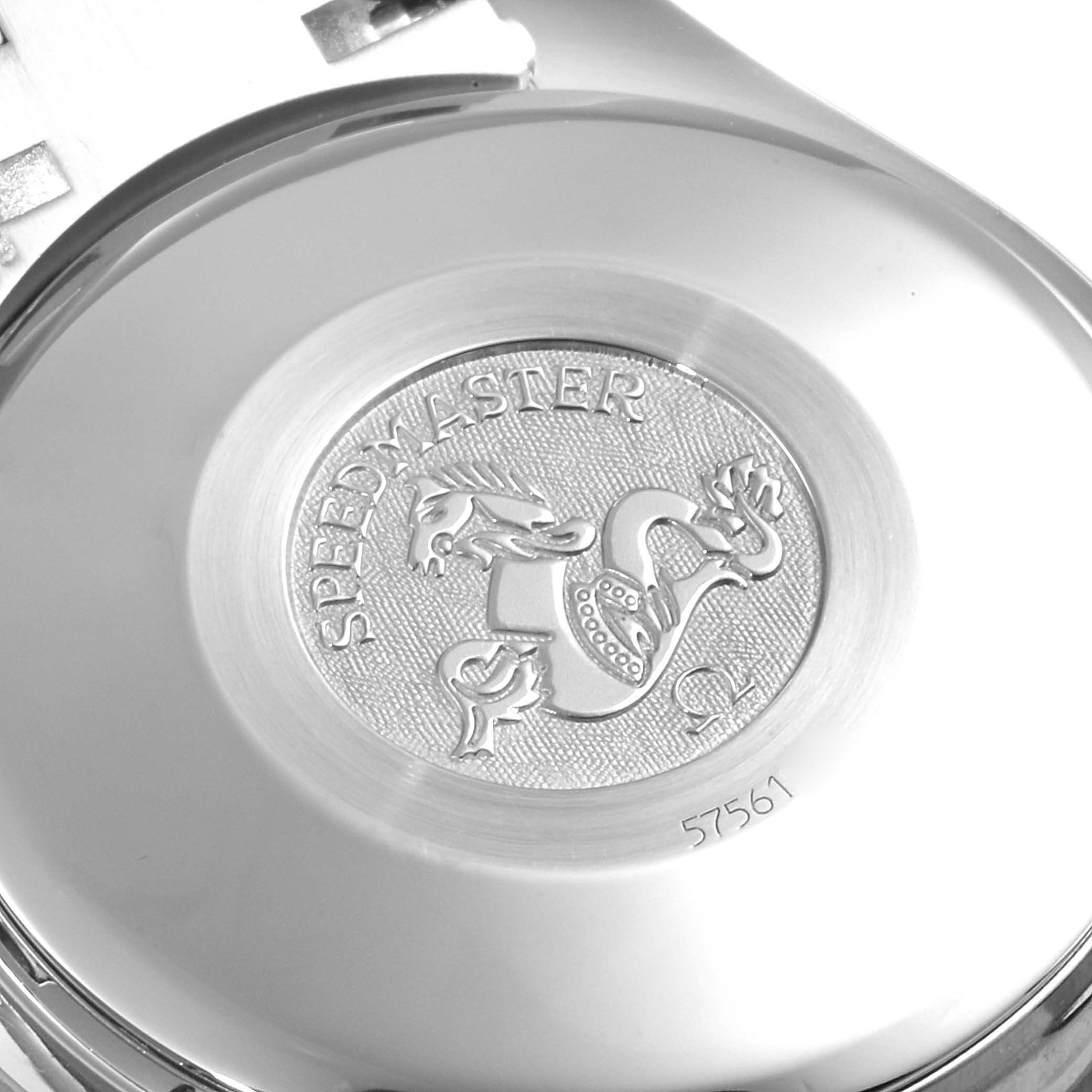 The image shows the case back of an Omega Speedmaster 3523.30.00 Men's Stainless Steel Silver Dial 3523.30.00 Men's Stainless Steel Silver Dial watch, displaying its engraved logo and serial number.