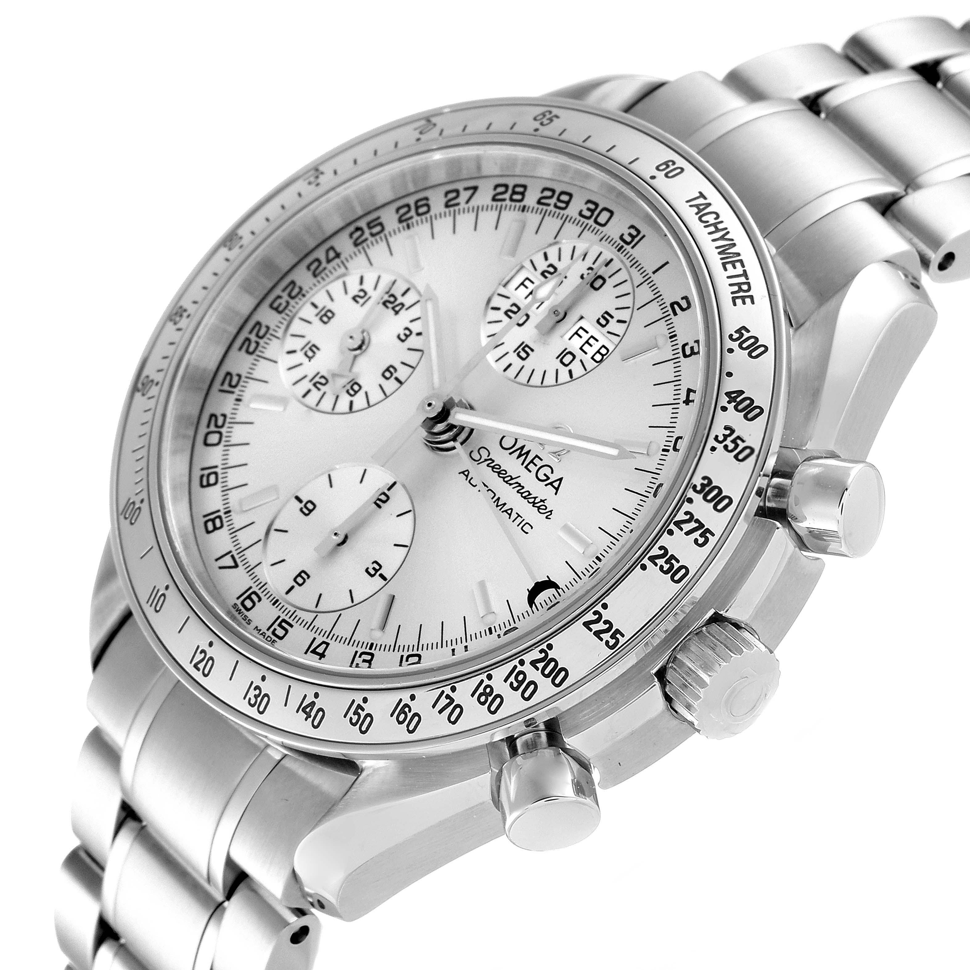 The Omega Speedmaster 3523.30.00 Men's Stainless Steel Silver Dial 3523.30.00 Men's Stainless Steel Silver Dial watch is shown at a three-quarter angle displaying its dial, bezel, pushers, crown, and bracelet.