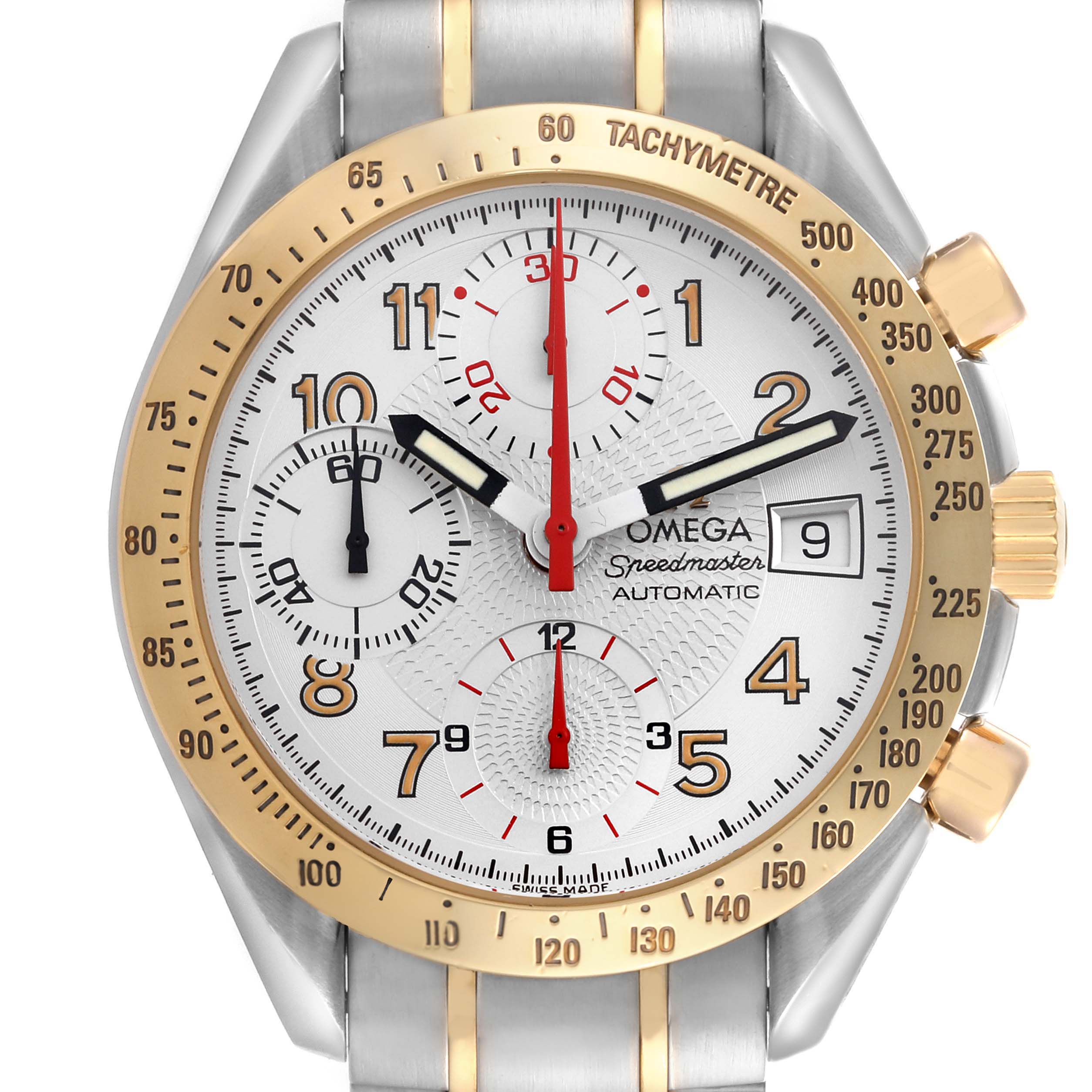 The Omega Speedmaster 3313.33.00 Men's Steel and Gold (two tone) White Dial 3313.33.00 Men's Steel and Gold (two tone) White Dial watch is shown from the front, displaying its face, bezel, and chronograph dials.