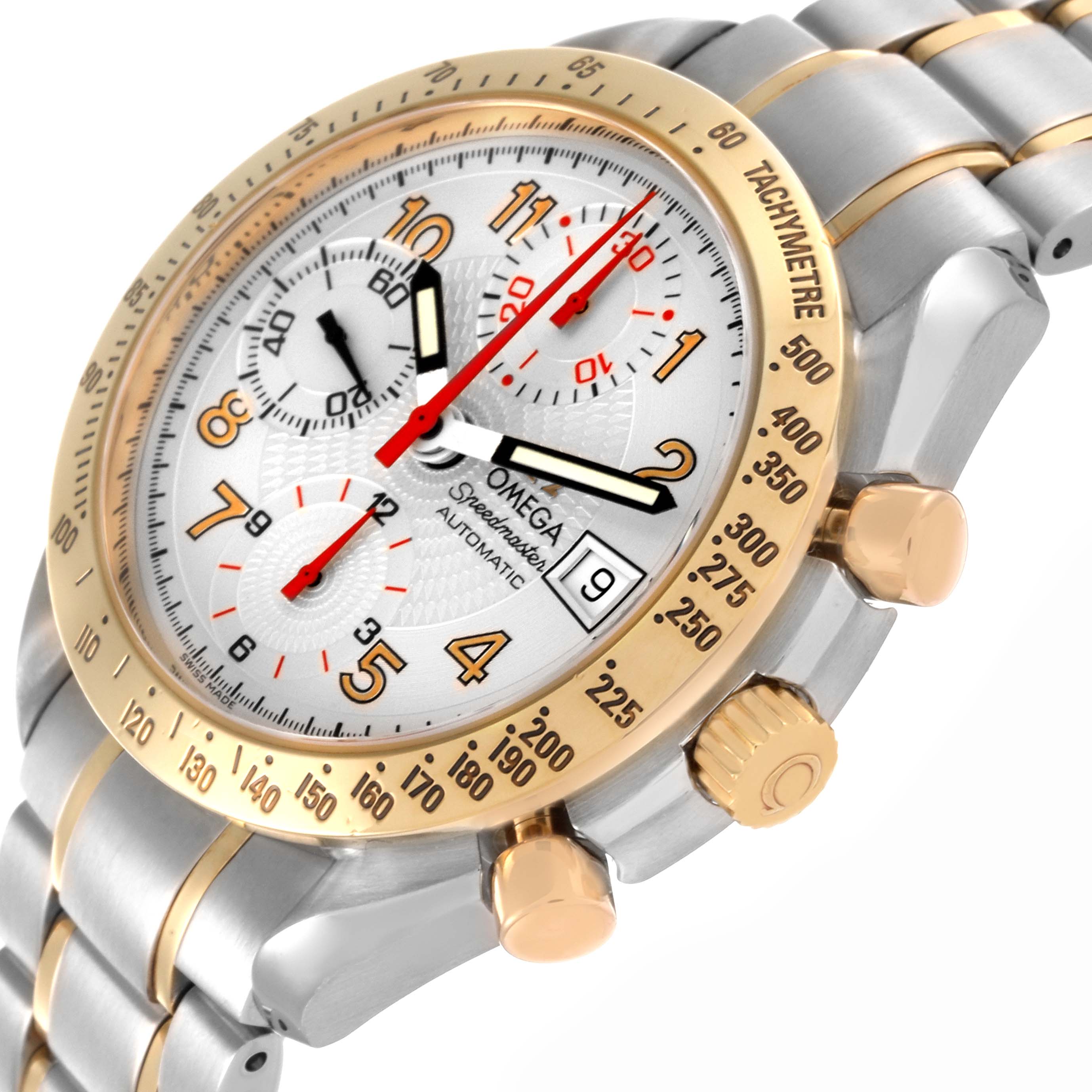 The Omega Speedmaster 3313.33.00 Men's Steel and Gold (two tone) White Dial 3313.33.00 Men's Steel and Gold (two tone) White Dial watch is shown at an angled close-up highlighting its bezel, chronograph, and bracelet links.