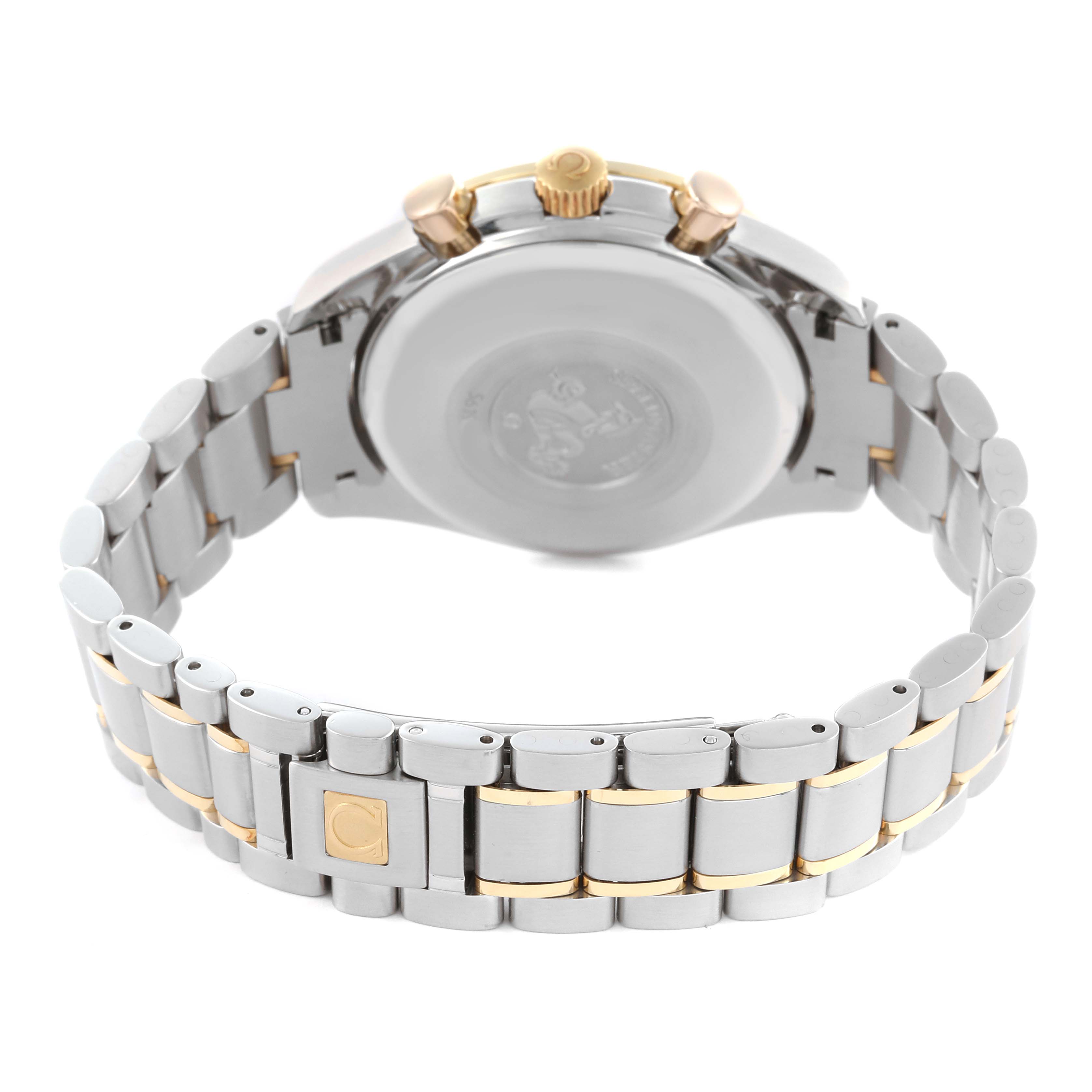 The Omega Speedmaster 3313.33.00 Men's Steel and Gold (two tone) White Dial 3313.33.00 Men's Steel and Gold (two tone) White Dial watch is shown from a rear angle, highlighting the bracelet and case back.