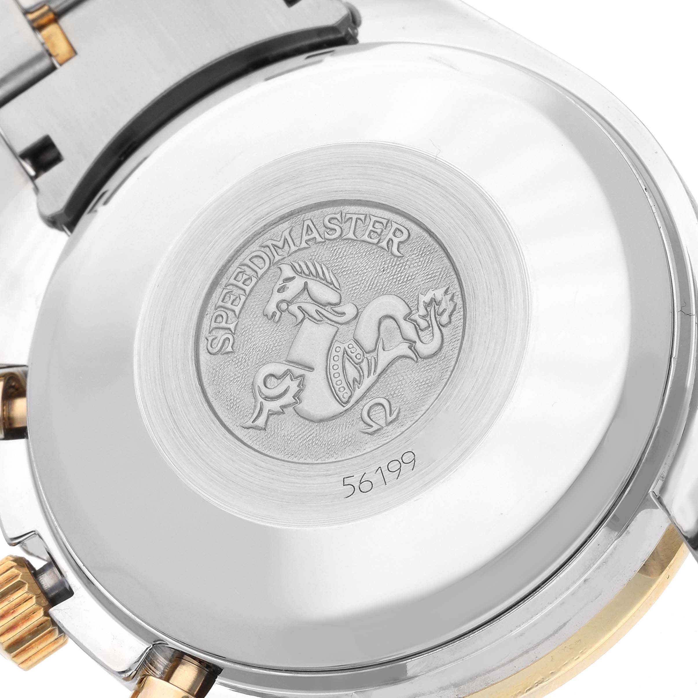 The image shows the case back of an Omega Speedmaster 3313.33.00 Men's Steel and Gold (two tone) White Dial 3313.33.00 Men's Steel and Gold (two tone) White Dial, highlighting the emblem and engraving.