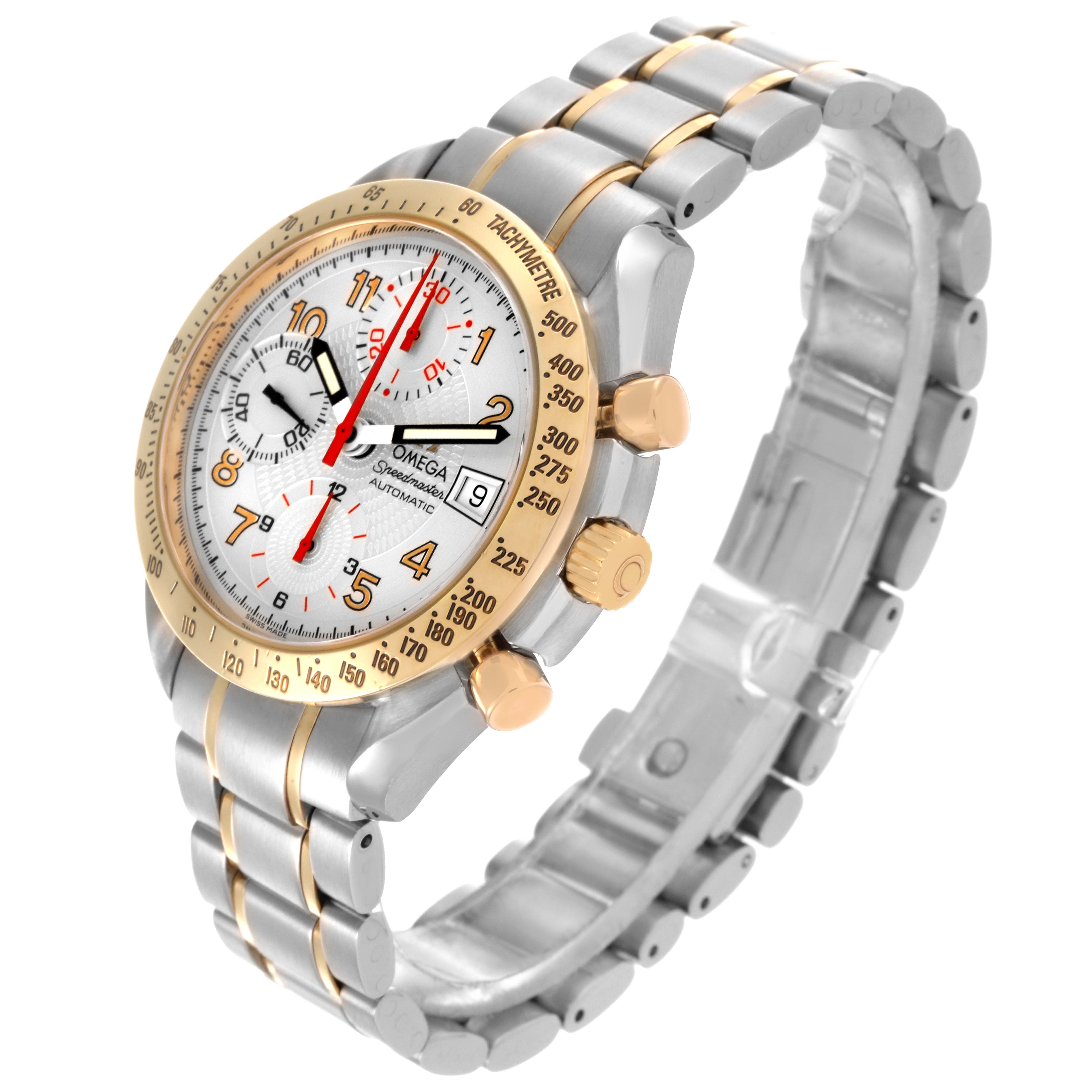 The Omega Speedmaster 3313.33.00 Men's Steel and Gold (two tone) White Dial 3313.33.00 Men's Steel and Gold (two tone) White Dial watch is shown at a three-quarter angle, highlighting the face, bezel, and bracelet.