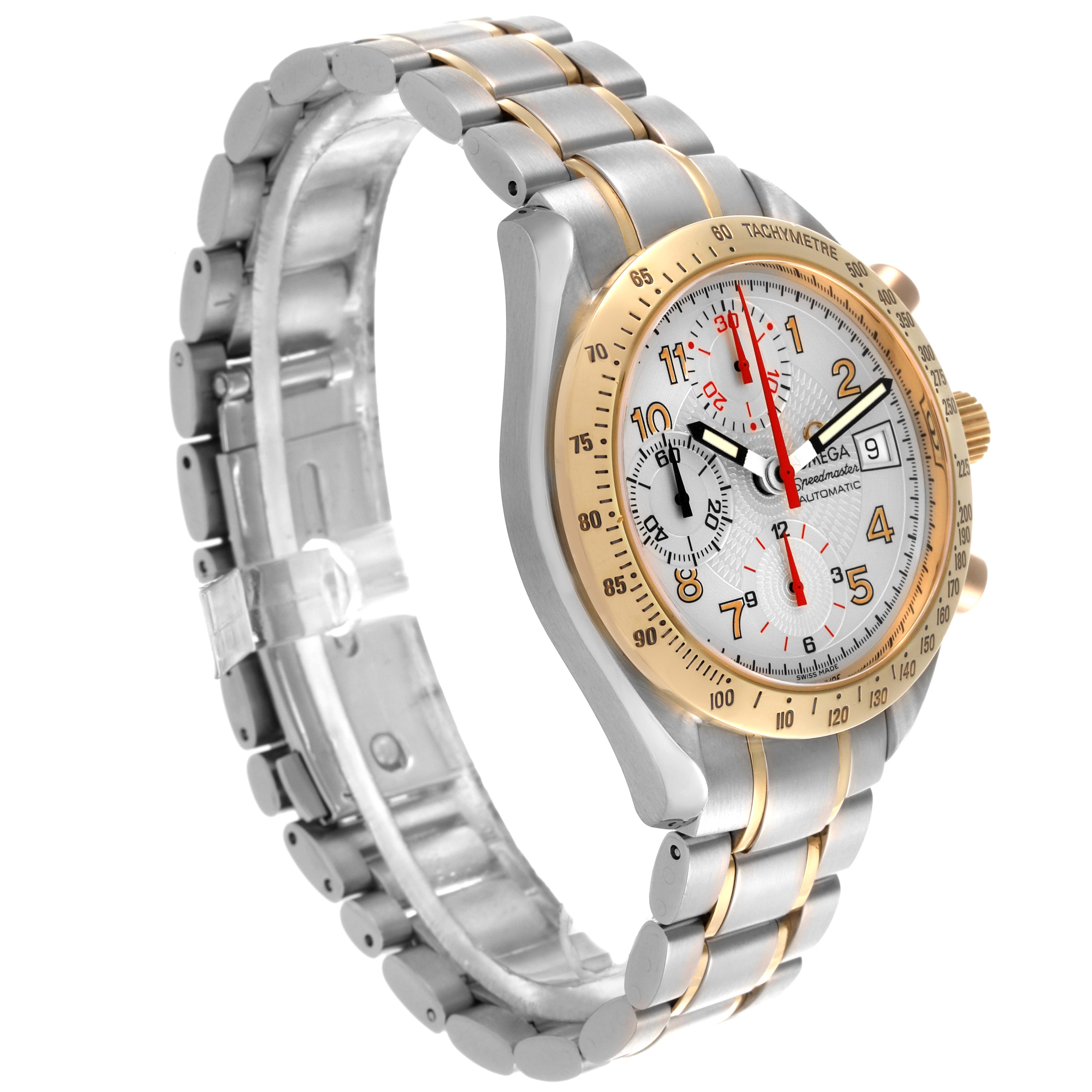The Omega Speedmaster 3313.33.00 Men's Steel and Gold (two tone) White Dial 3313.33.00 Men's Steel and Gold (two tone) White Dial watch is shown at a three-quarter angle, highlighting its dial, bezel, and metal bracelet.