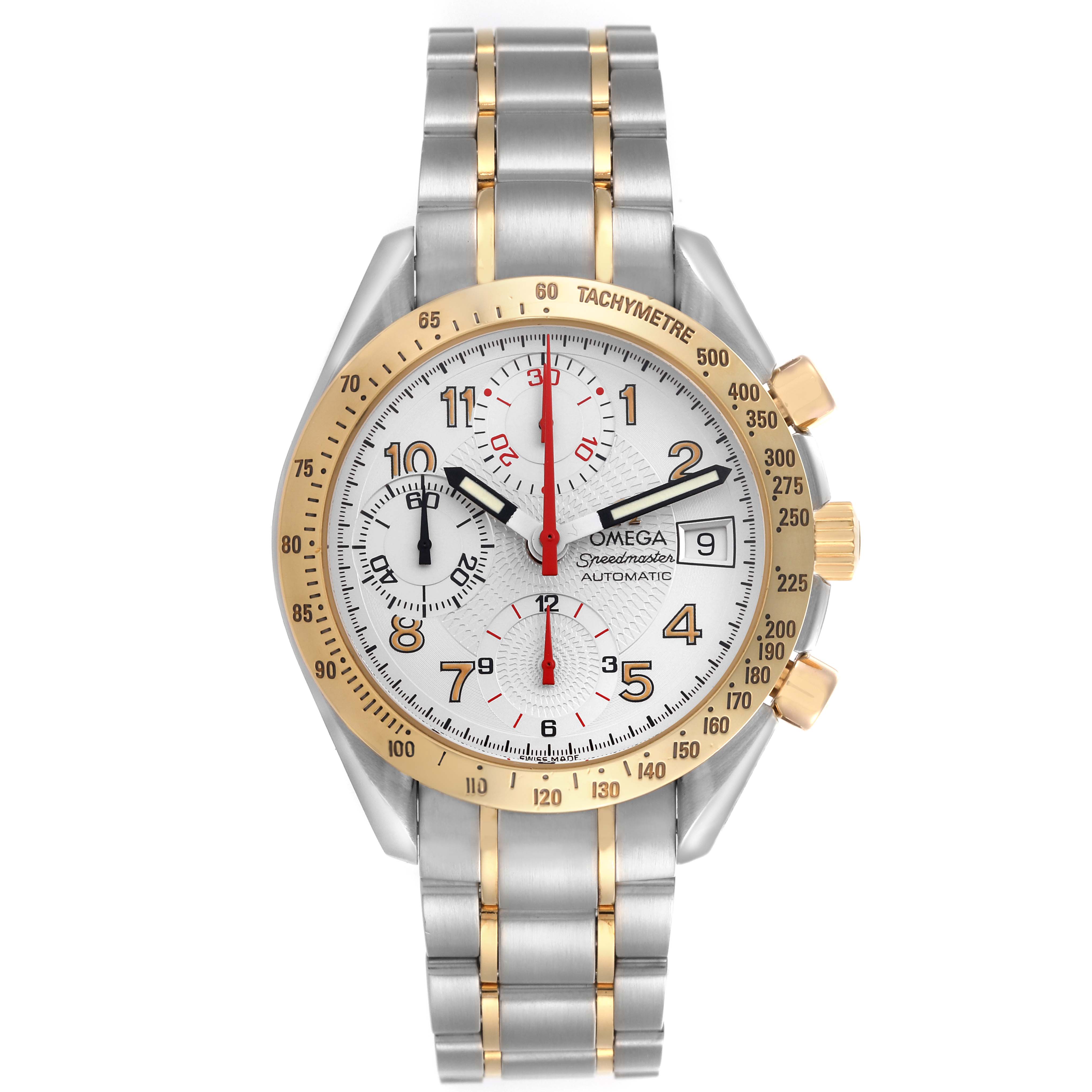The Omega Speedmaster 3313.33.00 Men's Steel and Gold (two tone) White Dial 3313.33.00 Men's Steel and Gold (two tone) White Dial watch is shown from the front, displaying its face, bezel, and bracelet.