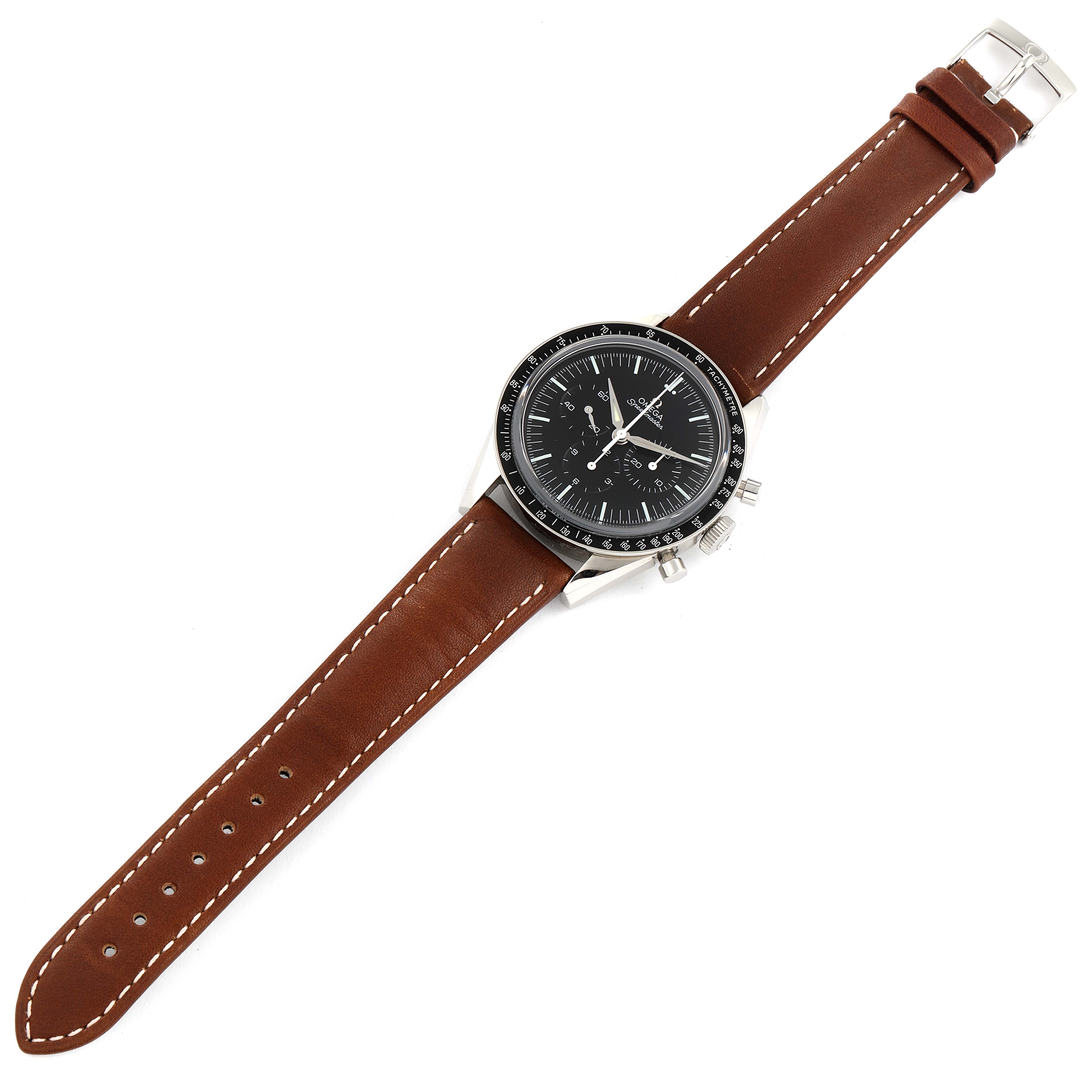 The Omega Speedmaster 311.32.40.30.01.001 Men's Stainless Steel Black Dial 311.32.40.30.01.001 Men's Stainless Steel Black Dial watch is displayed flat, showing the black dial, chronograph buttons, and brown leather strap.