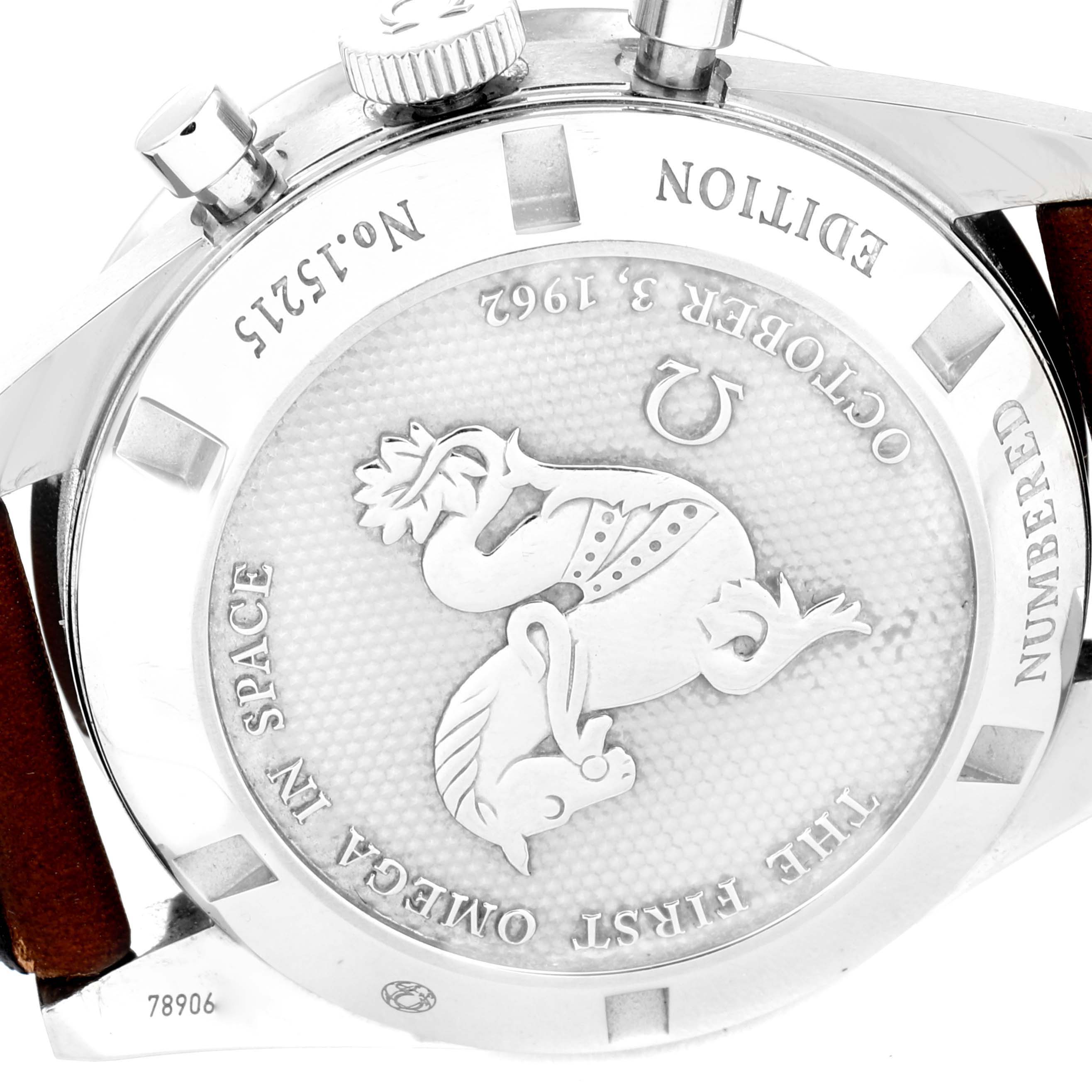 The image shows the back case of an Omega Speedmaster 311.32.40.30.01.001 Men's Stainless Steel Black Dial 311.32.40.30.01.001 Men's Stainless Steel Black Dial watch, highlighting its engravings and emblem.