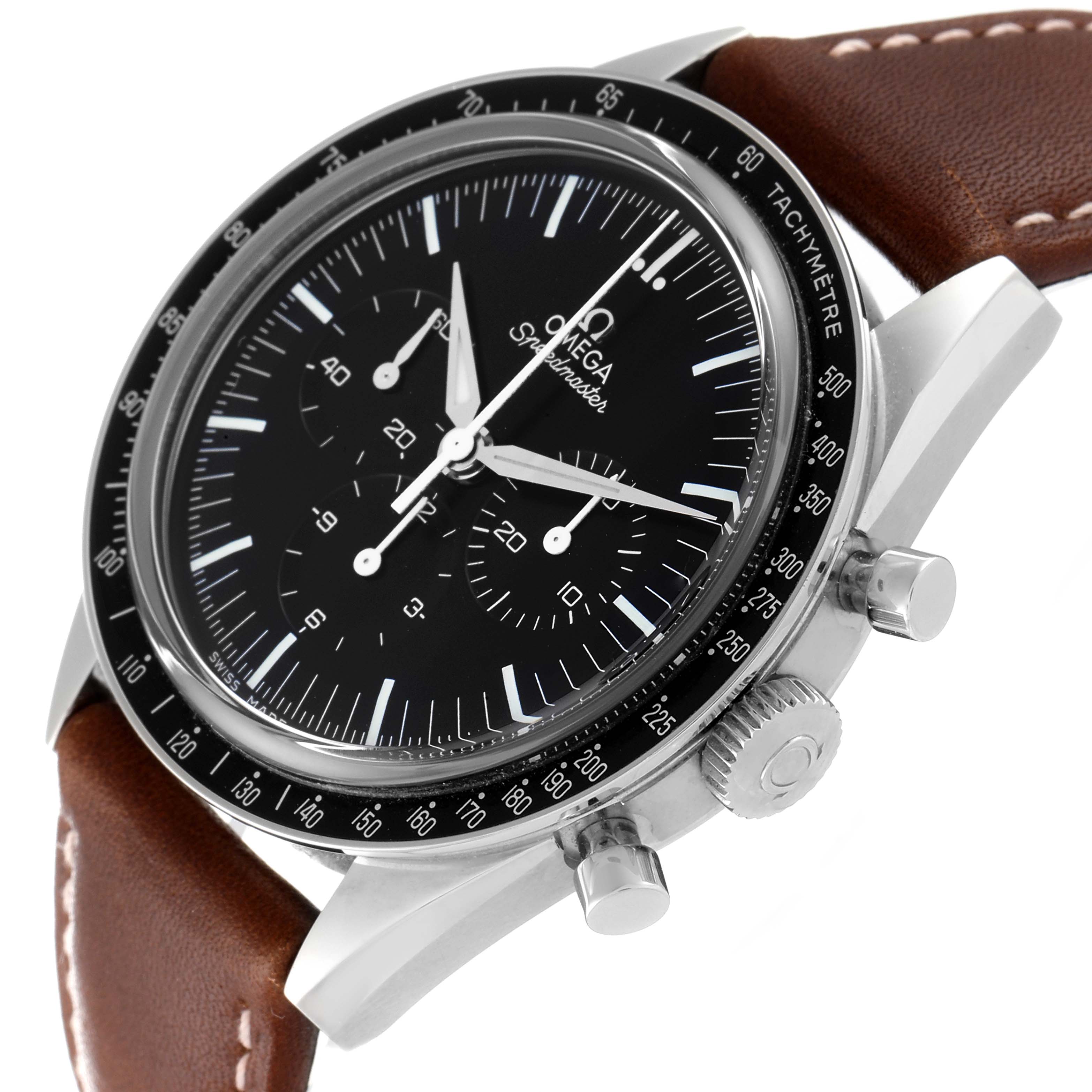 The image shows an angled close-up view of the Omega Speedmaster 311.32.40.30.01.001 Men's Stainless Steel Black Dial 311.32.40.30.01.001 Men's Stainless Steel Black Dial's face, chronograph buttons, and part of its brown leather strap.