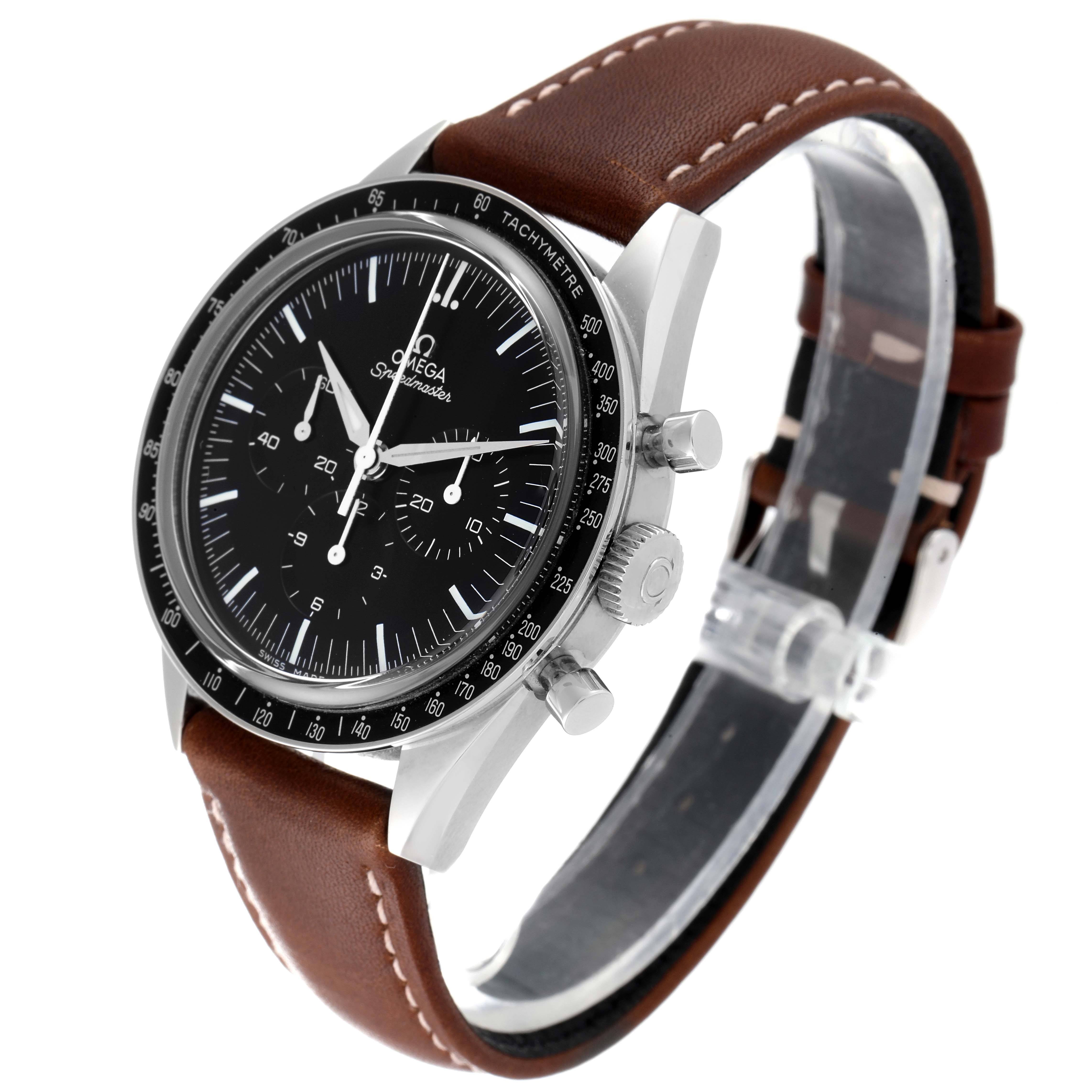 This image shows the front and side views of an Omega Speedmaster 311.32.40.30.01.001 Men's Stainless Steel Black Dial 311.32.40.30.01.001 Men's Stainless Steel Black Dial watch with a brown leather strap.