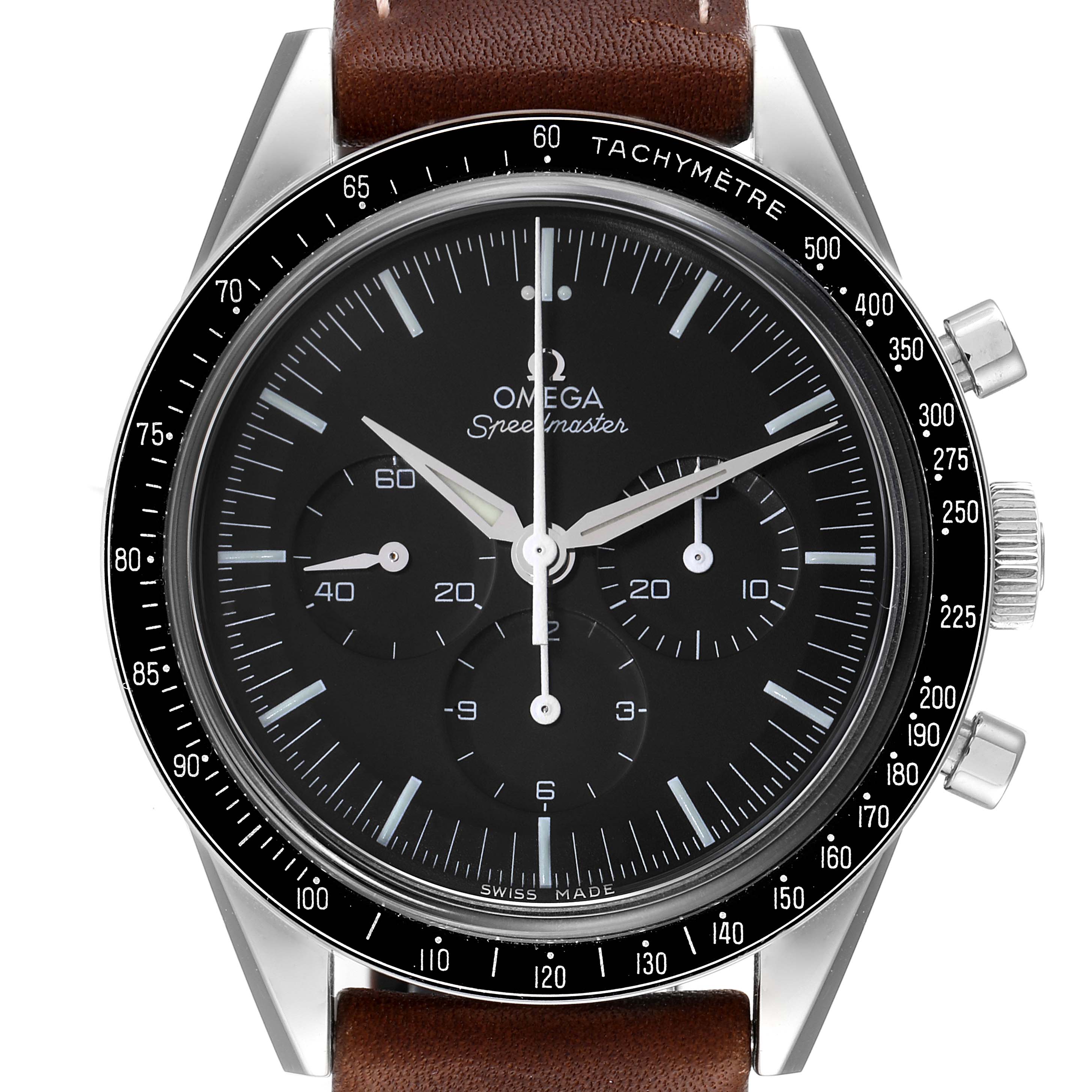 This image shows a front view of the Omega Speedmaster 311.32.40.30.01.001 Men's Stainless Steel Black Dial 311.32.40.30.01.001 Men's Stainless Steel Black Dial watch with a brown leather strap and visible tachymeter bezel.