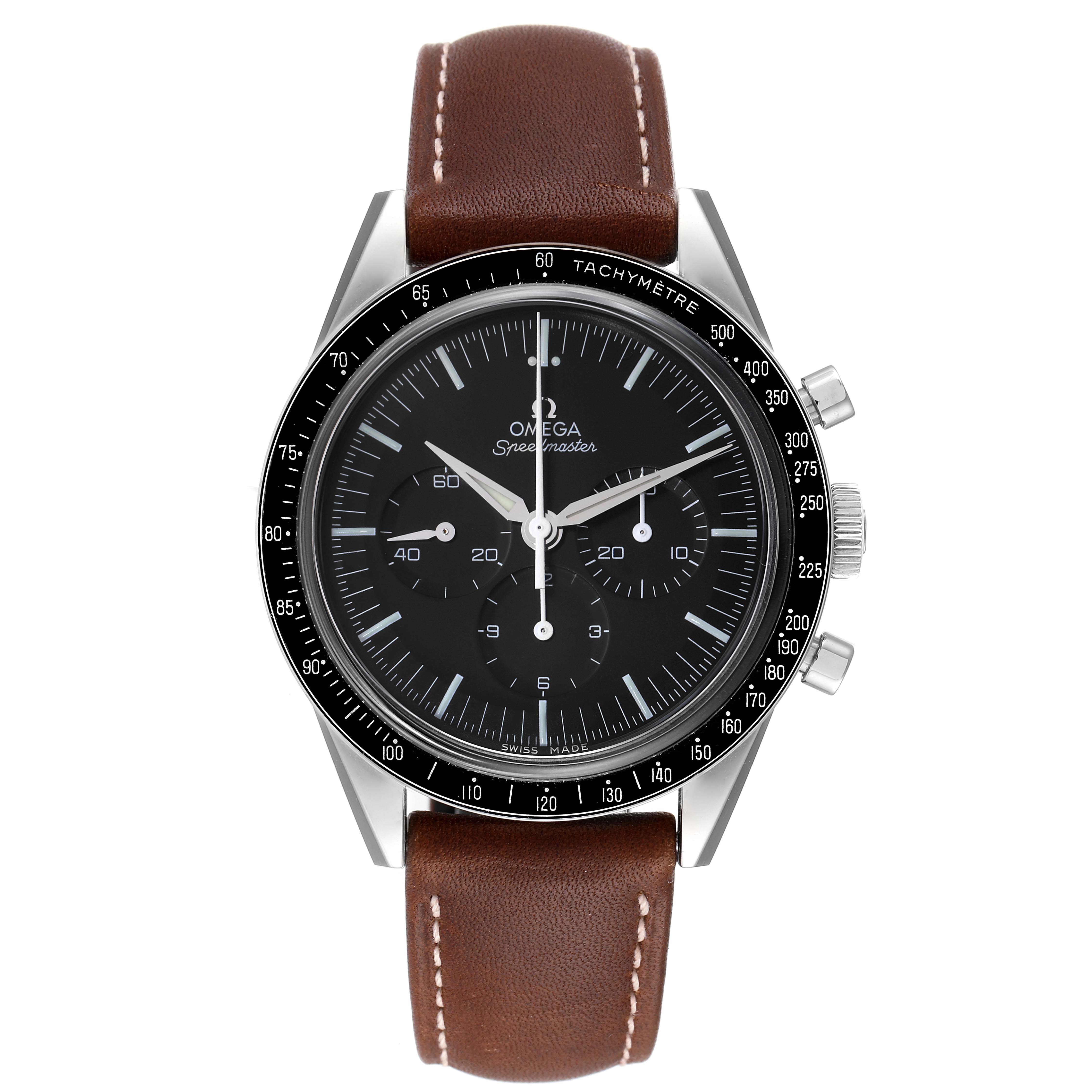The image shows a front view of the Omega Speedmaster 311.32.40.30.01.001 Men's Stainless Steel Black Dial 311.32.40.30.01.001 Men's Stainless Steel Black Dial watch with a brown leather strap and a tachymeter bezel.