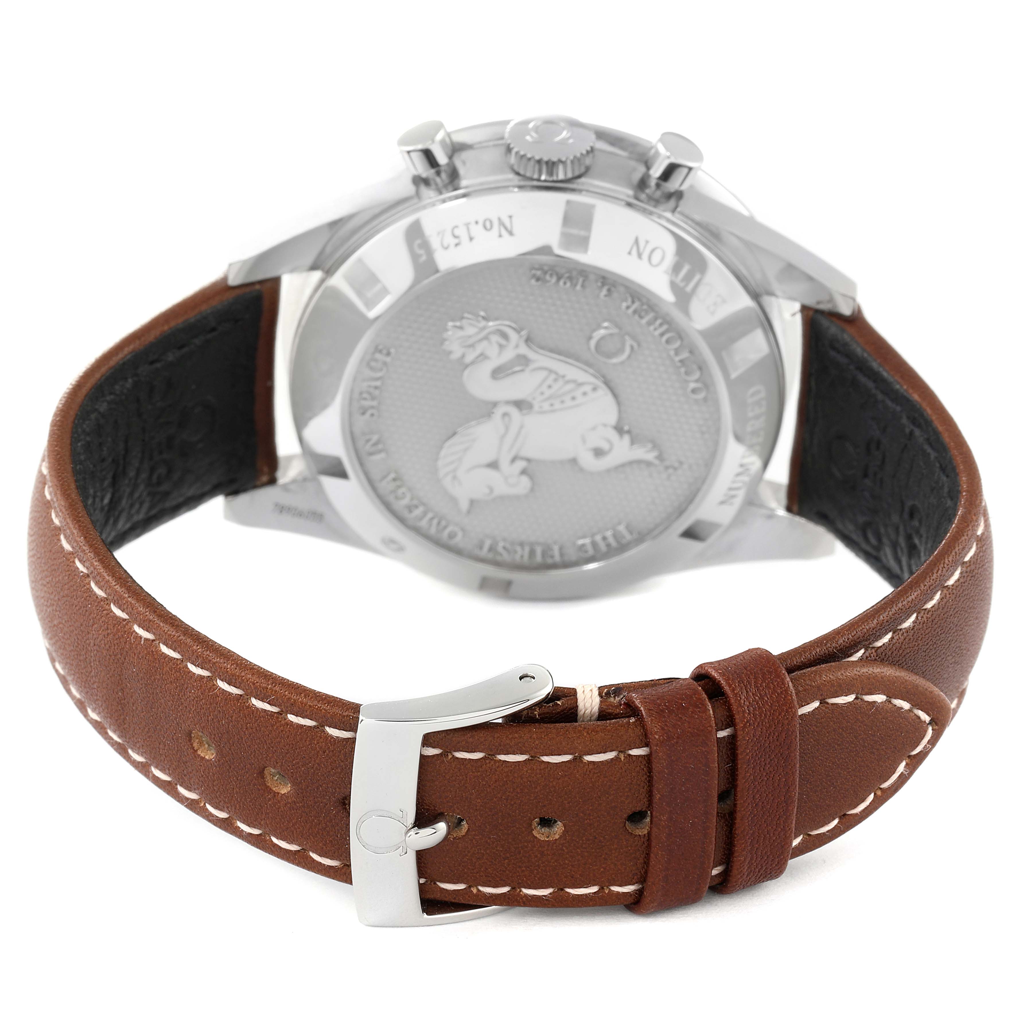 The image shows the back case and strap of an Omega Speedmaster 311.32.40.30.01.001 Men's Stainless Steel Black Dial 311.32.40.30.01.001 Men's Stainless Steel Black Dial watch, highlighting the engraved caseback and brown leather strap.