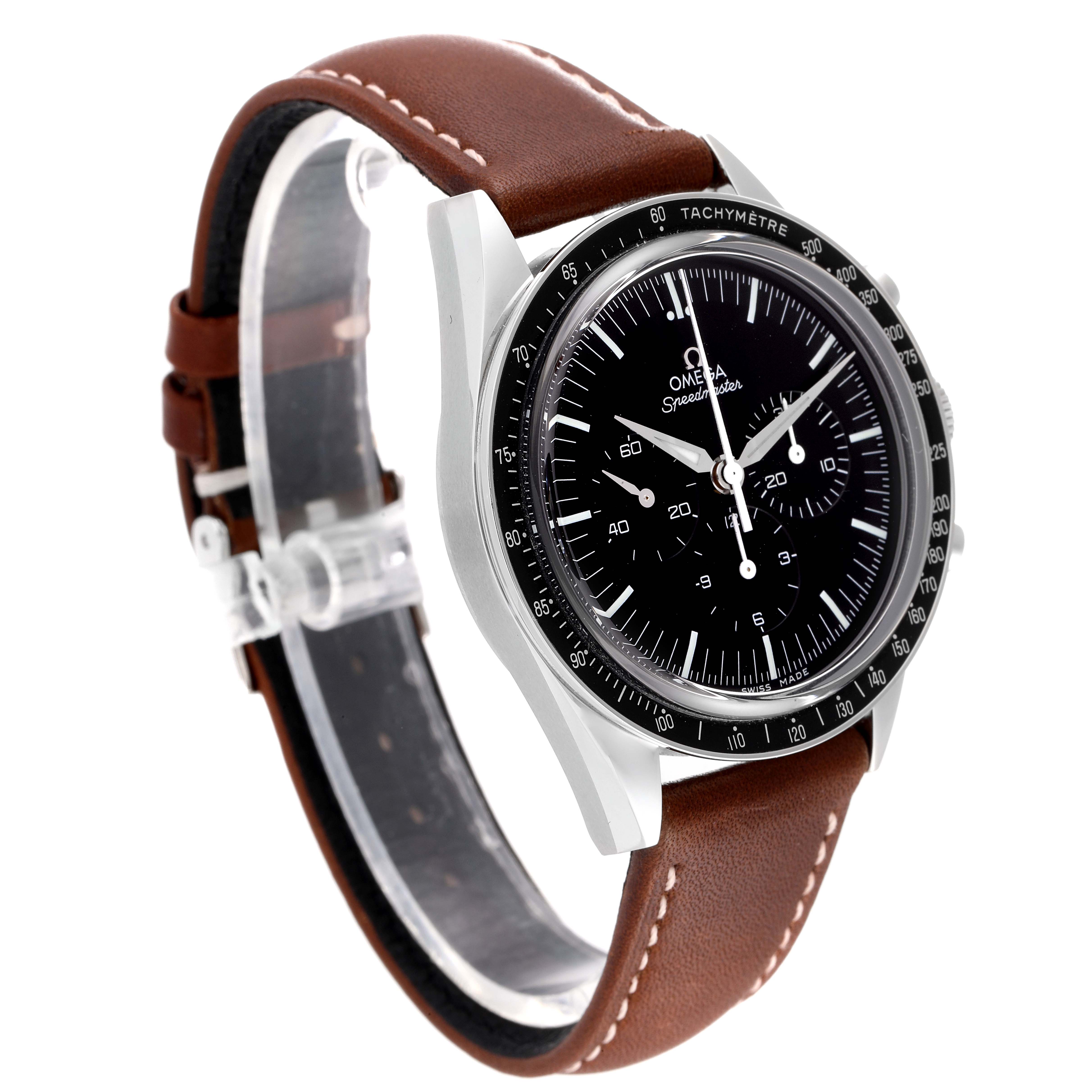 The Omega Speedmaster 311.32.40.30.01.001 Men's Stainless Steel Black Dial 311.32.40.30.01.001 Men's Stainless Steel Black Dial watch is shown at an angle highlighting the face, tachymeter bezel, and brown leather strap.
