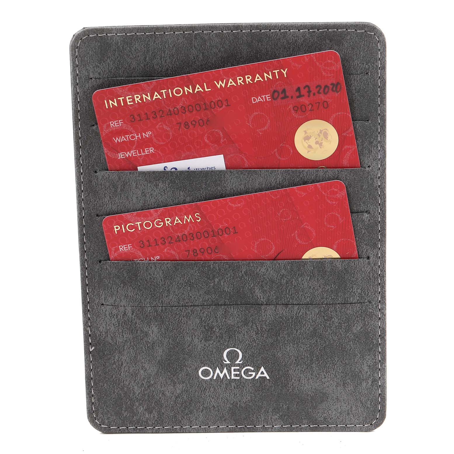 This image shows the International Warranty and Pictograms cards for the Omega Speedmaster 311.32.40.30.01.001 Men's Stainless Steel Black Dial 311.32.40.30.01.001 Men's Stainless Steel Black Dial, in a branded card holder.