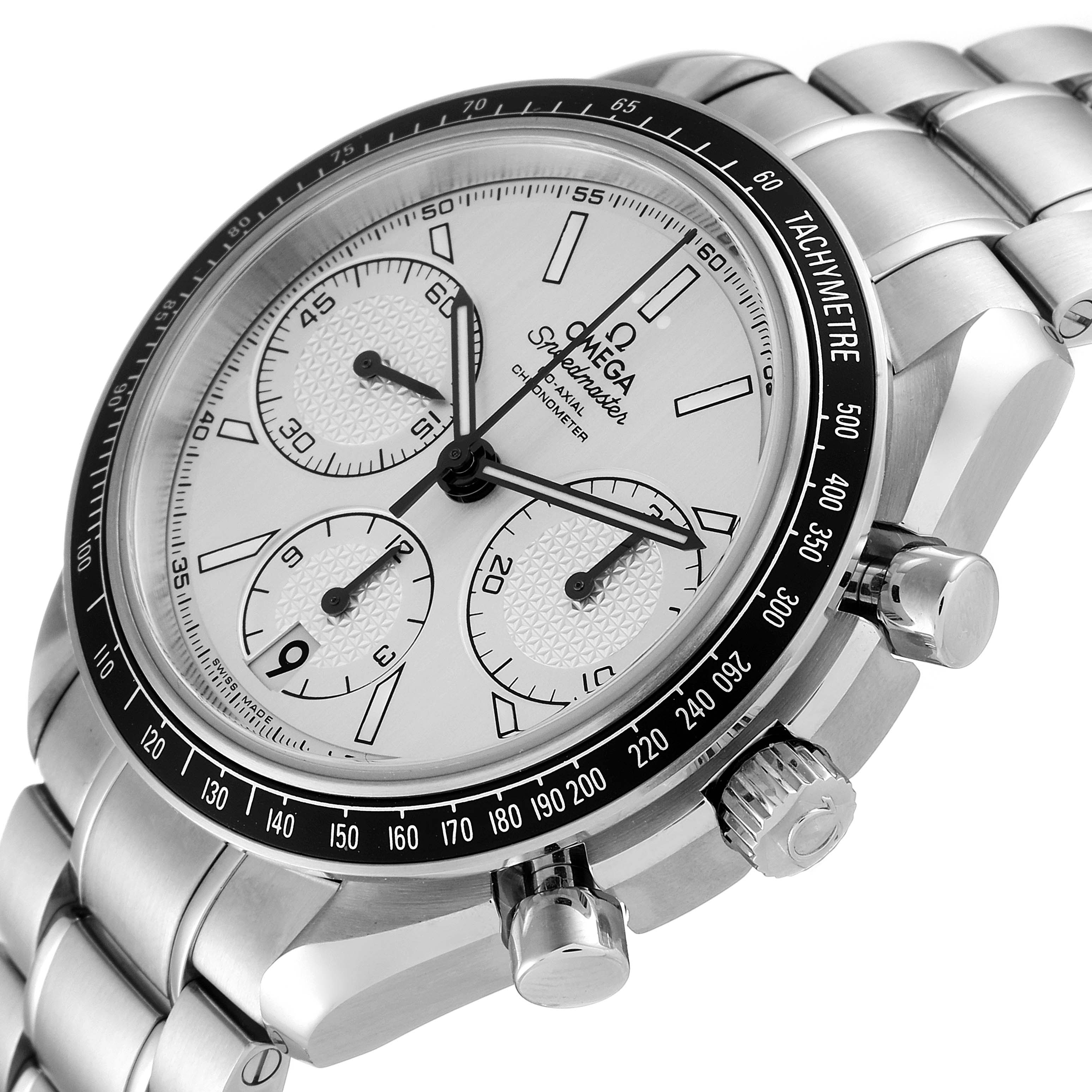The Omega Speedmaster 326.30.40.50.02.001 Men
s Stainless Steel Silver Dial 326.30.40.50.02.001 Men
s Stainless Steel Silver Dial watch is shown at an angle highlighting its dial, tachymeter, sub-dials, and bracelet.