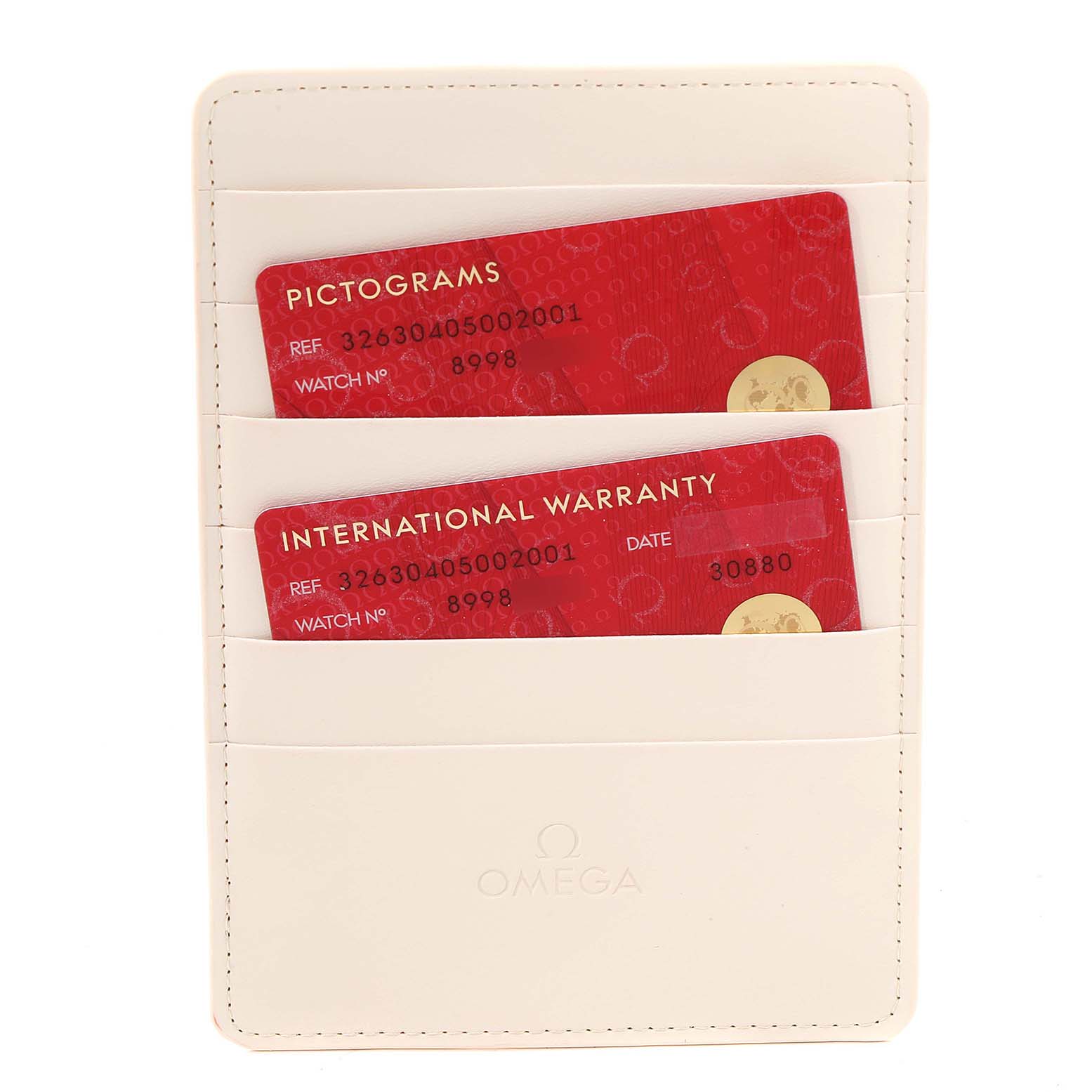 The image shows an Omega Speedmaster 326.30.40.50.02.001 Men
s Stainless Steel Silver Dial 326.30.40.50.02.001 Men
s Stainless Steel Silver Dial warranty cardholder with Pictograms and International Warranty cards.