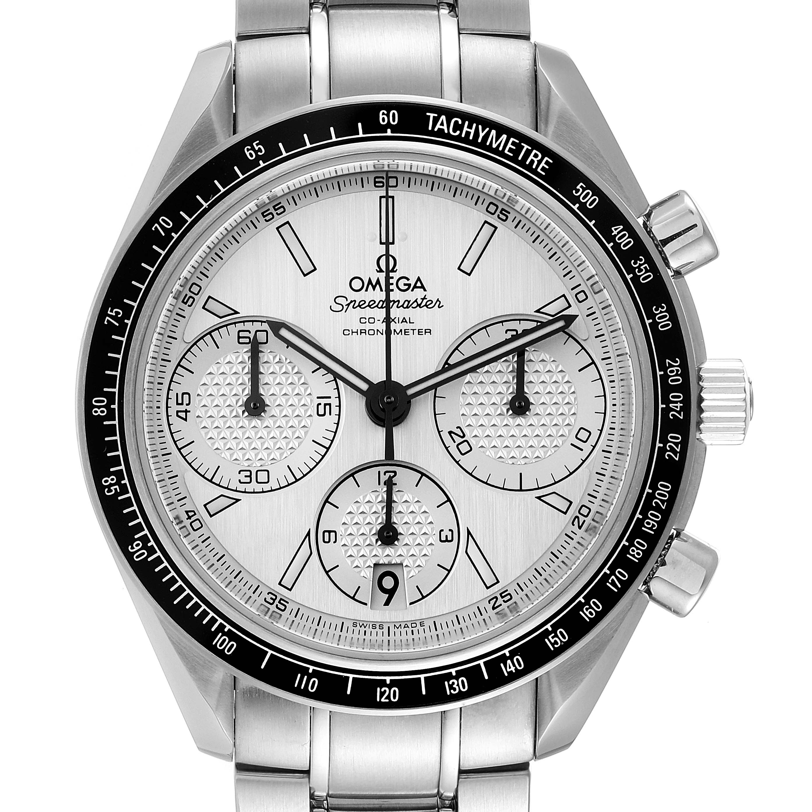 The image shows a front view of the Omega Speedmaster 326.30.40.50.02.001 Men
s Stainless Steel Silver Dial 326.30.40.50.02.001 Men
s Stainless Steel Silver Dial watch, highlighting its dial, chronograph subdials, tachymeter bezel, and stainless steel bracelet.