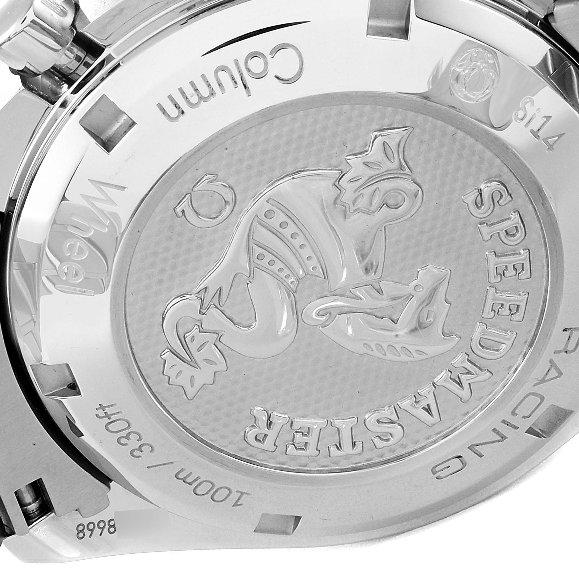 The image shows the back case of an Omega Speedmaster 326.30.40.50.02.001 Men
s Stainless Steel Silver Dial 326.30.40.50.02.001 Men
s Stainless Steel Silver Dial watch, featuring the engraved logo and model details.