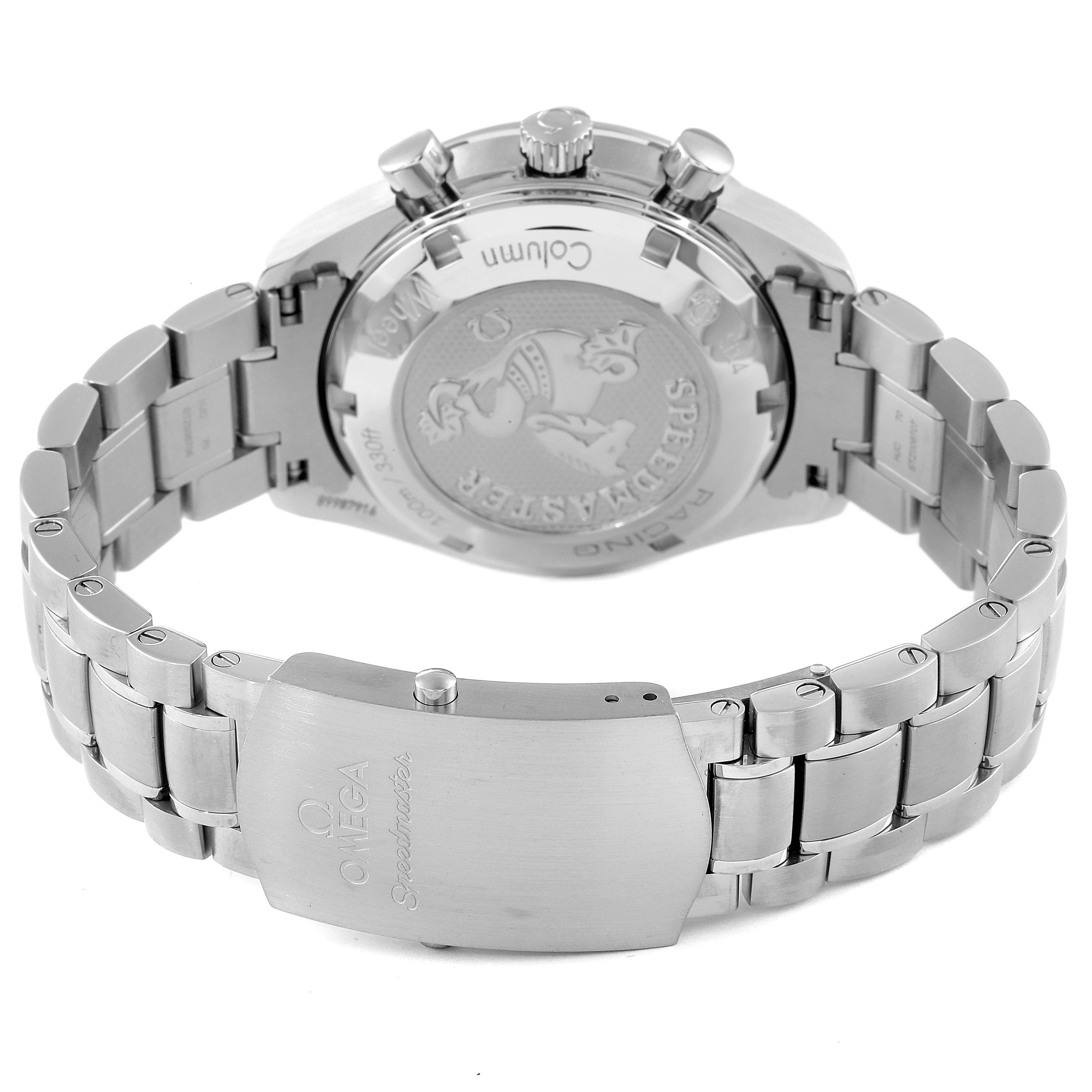 The image shows the back view of the Omega Speedmaster 326.30.40.50.02.001 Men
s Stainless Steel Silver Dial 326.30.40.50.02.001 Men
s Stainless Steel Silver Dial watch, highlighting the case back and metal bracelet with the clasp.