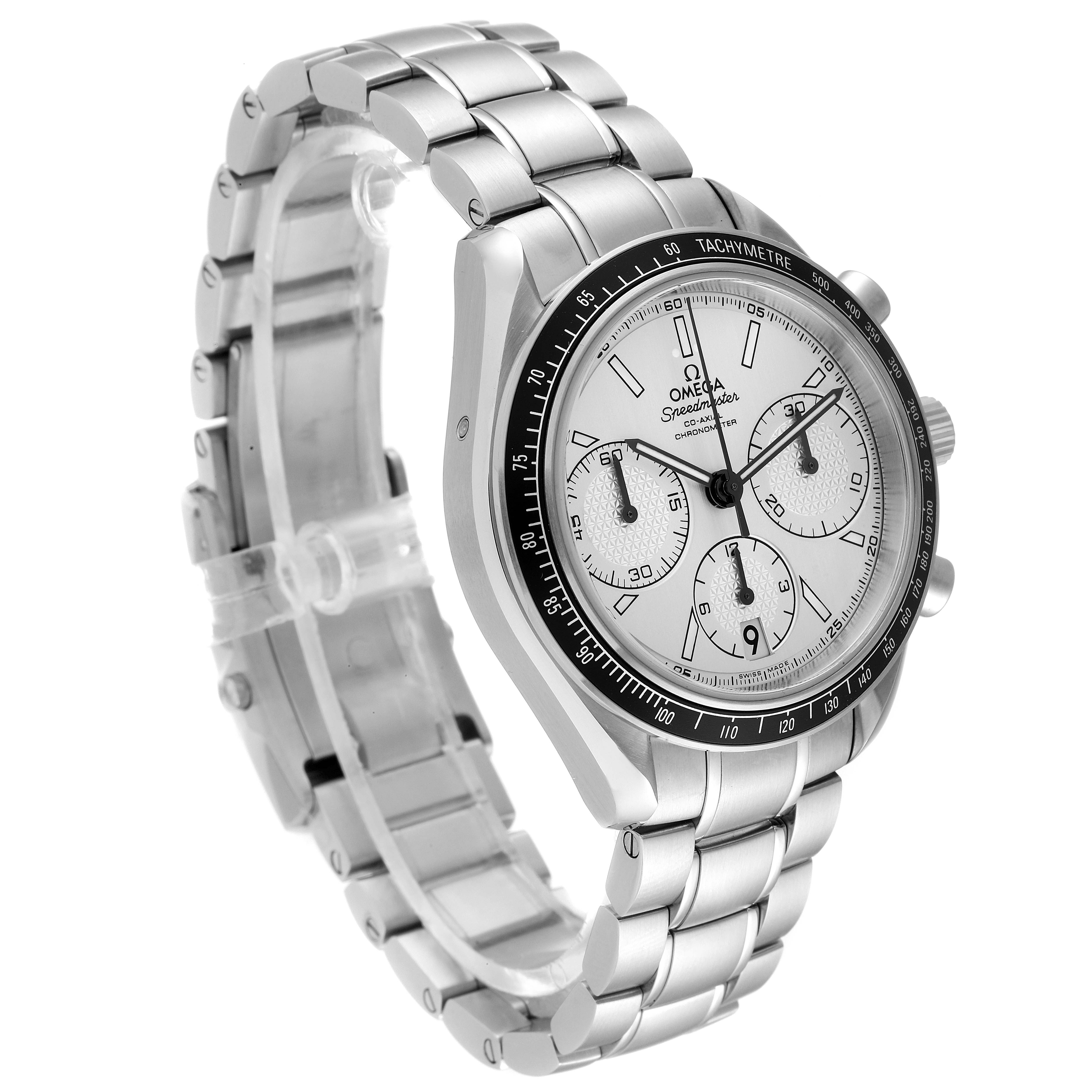 This image shows a side angle of the Omega Speedmaster 326.30.40.50.02.001 Men
s Stainless Steel Silver Dial 326.30.40.50.02.001 Men
s Stainless Steel Silver Dial watch, featuring the dial, bezel, and metal bracelet.