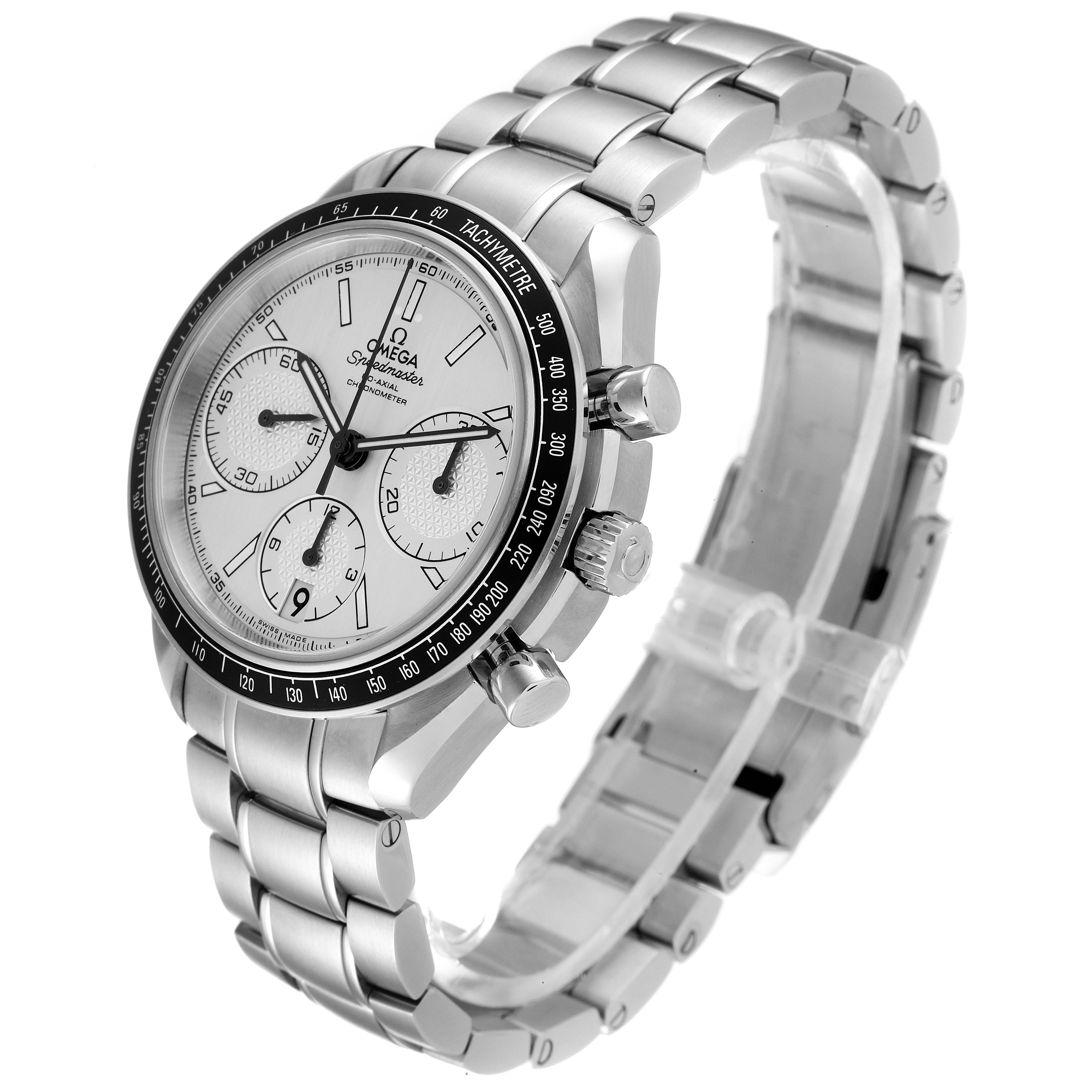 The image shows an Omega Speedmaster 326.30.40.50.02.001 Men
s Stainless Steel Silver Dial 326.30.40.50.02.001 Men
s Stainless Steel Silver Dial watch at a three-quarter angle, highlighting its face, tachymeter bezel, and stainless steel bracelet.