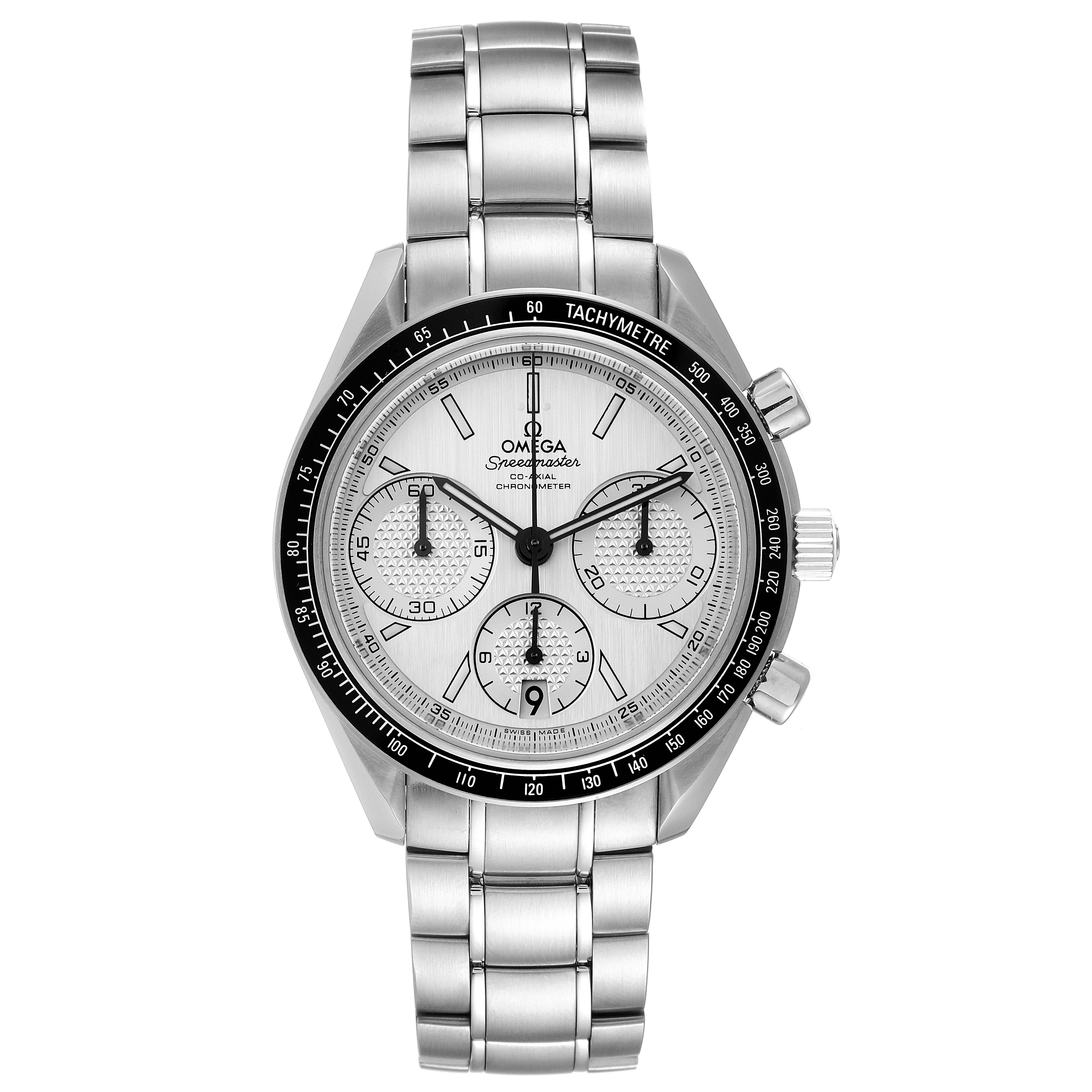 The Omega Speedmaster 326.30.40.50.02.001 Men
s Stainless Steel Silver Dial 326.30.40.50.02.001 Men
s Stainless Steel Silver Dial watch is shown from the front, highlighting its dial, bezel, and stainless steel bracelet.