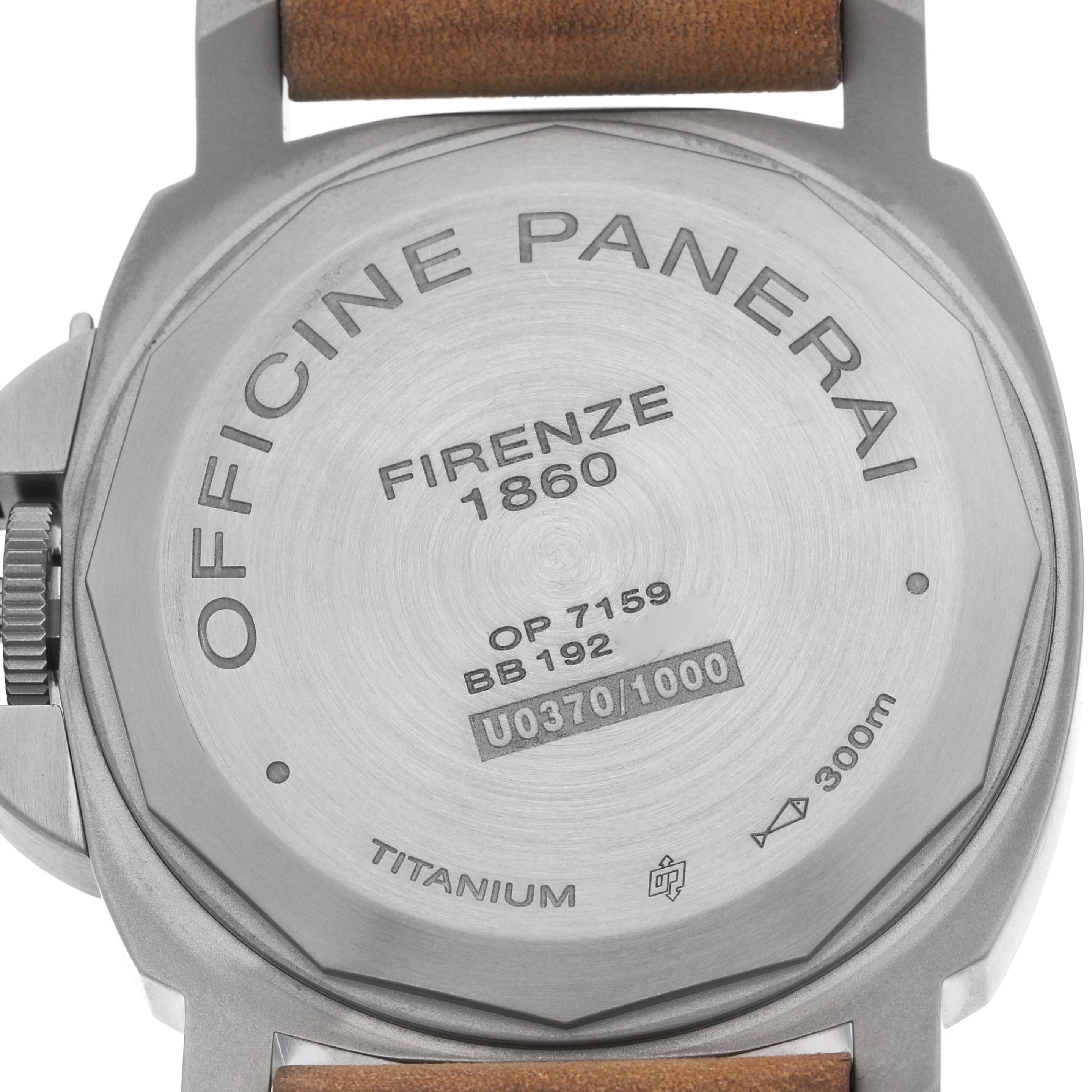 The image shows the back of a Panerai Luminor PAM00797 Men's Titanium Brown Dial watch case, highlighting its titanium build and engraved details.