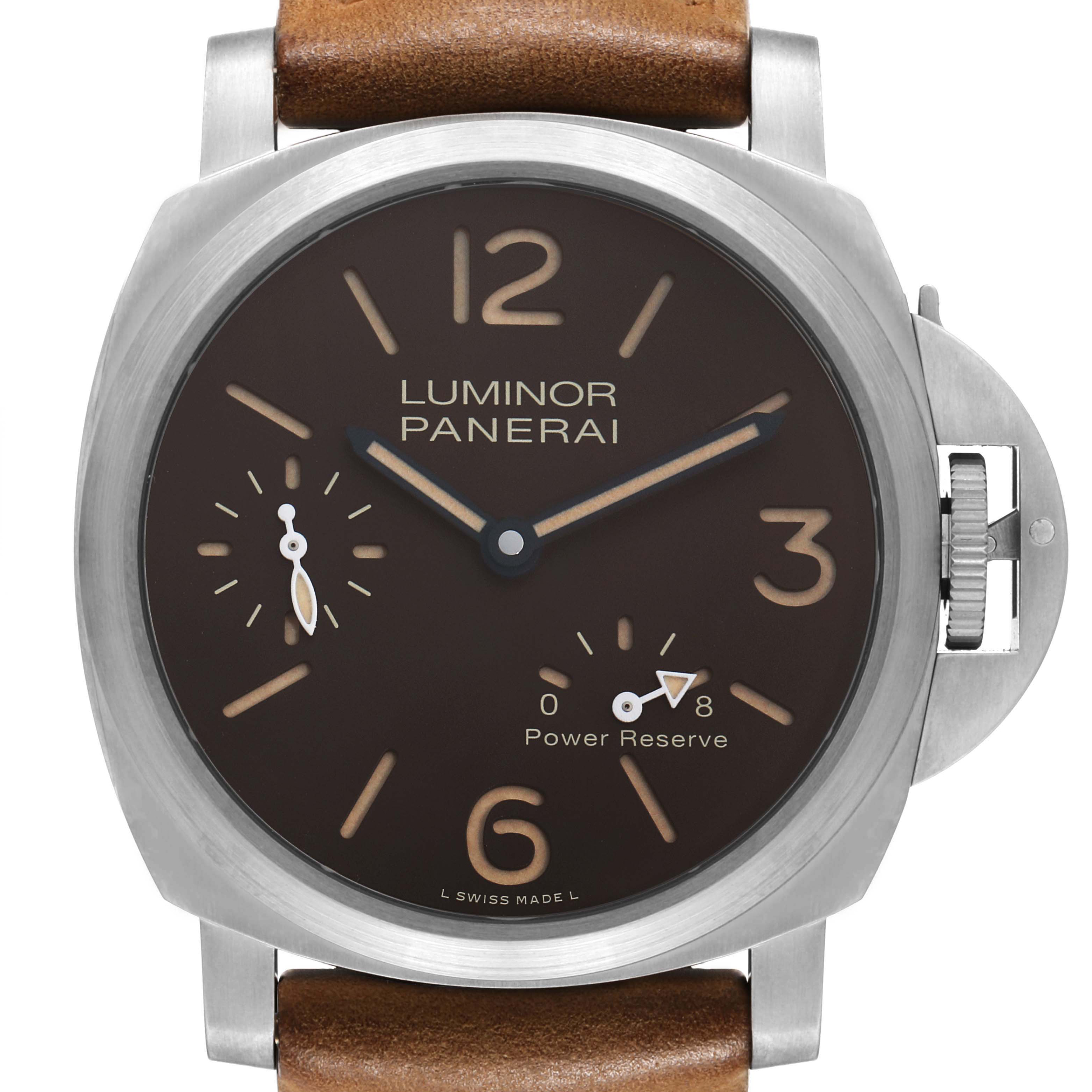 The Panerai Luminor PAM00797 Men's Titanium Brown Dial watch is shown from a front angle, featuring its dial, numerals, power reserve indicator, and crown guard.