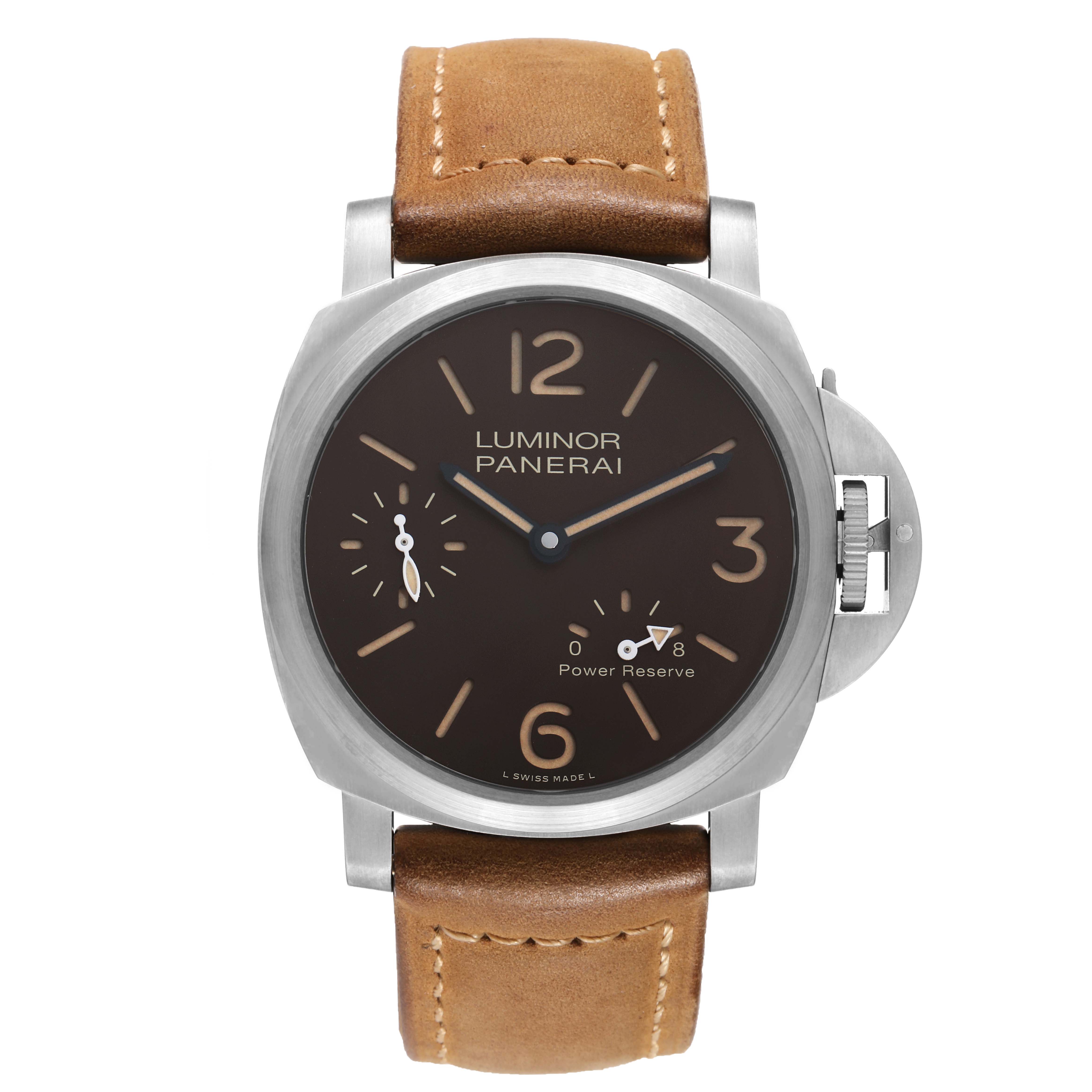 The Panerai Luminor PAM00797 Men's Titanium Brown Dial watch is shown from a front view, displaying the face, brown dial, and leather strap.