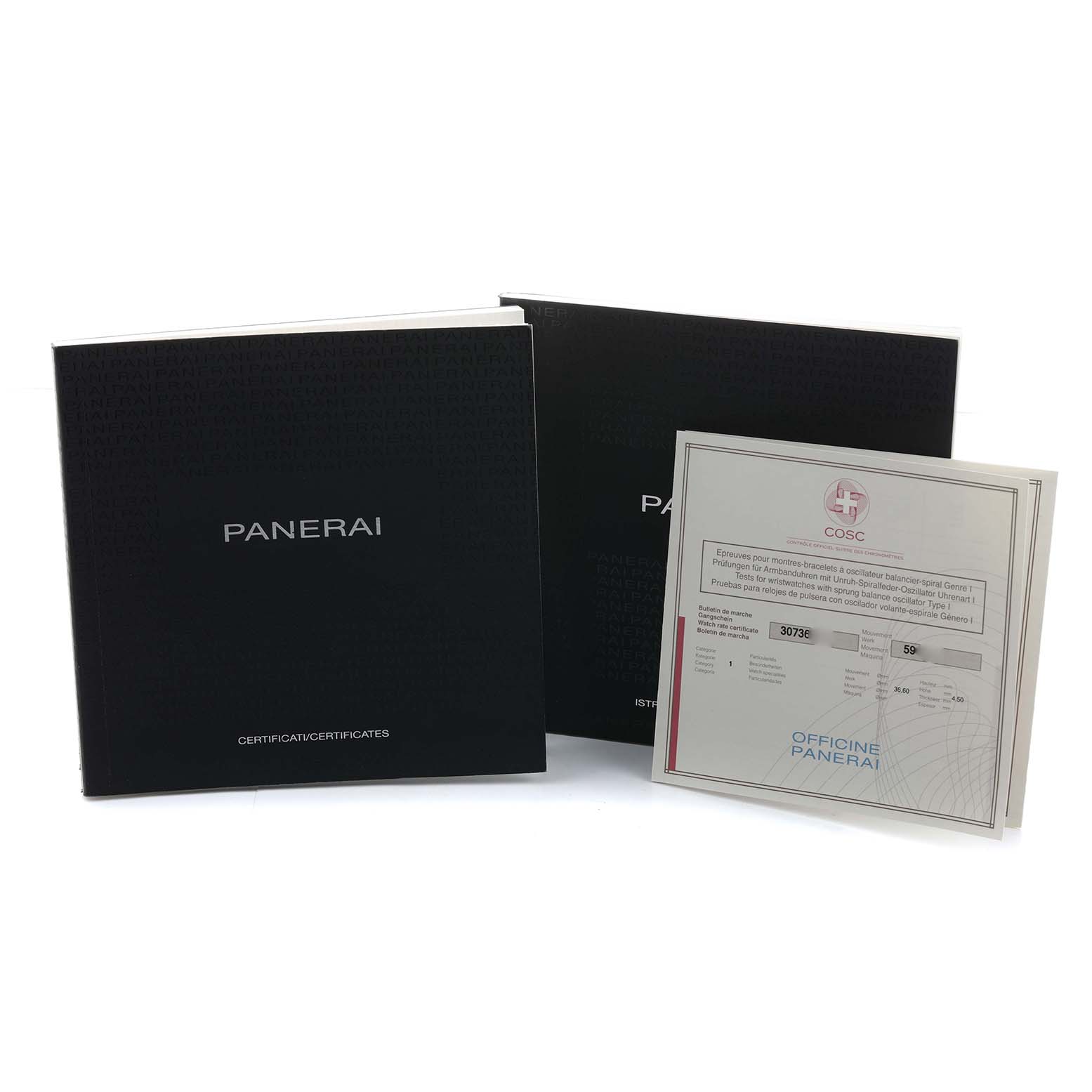 The image shows the packaging and certificates for a Panerai Luminor PAM00797 Men's Titanium Brown Dial watch, including booklets and a COSC certificate.
