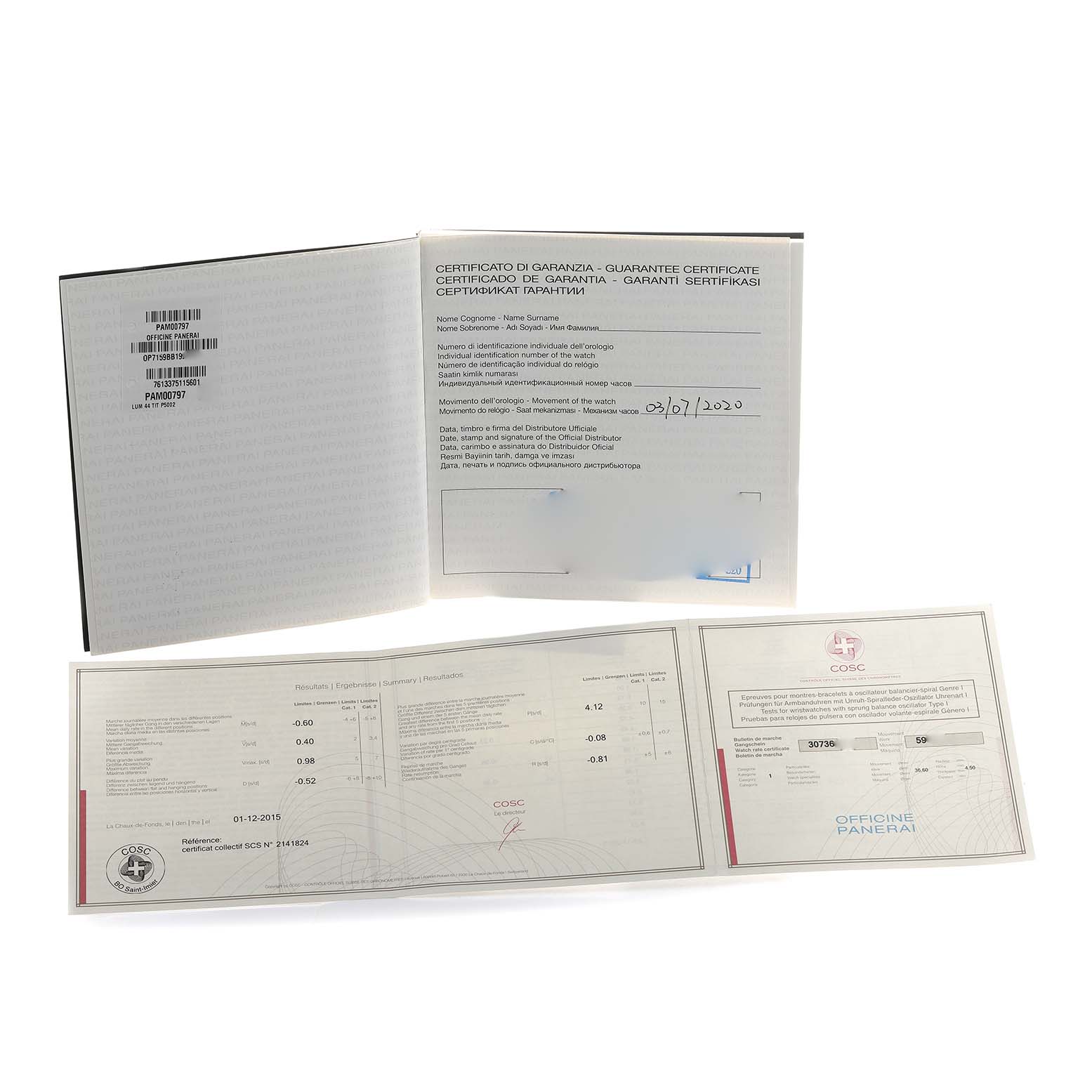 The image shows warranty and certification documents for the Panerai Luminor PAM00797 Men's Titanium Brown Dial model, displayed open and flat.