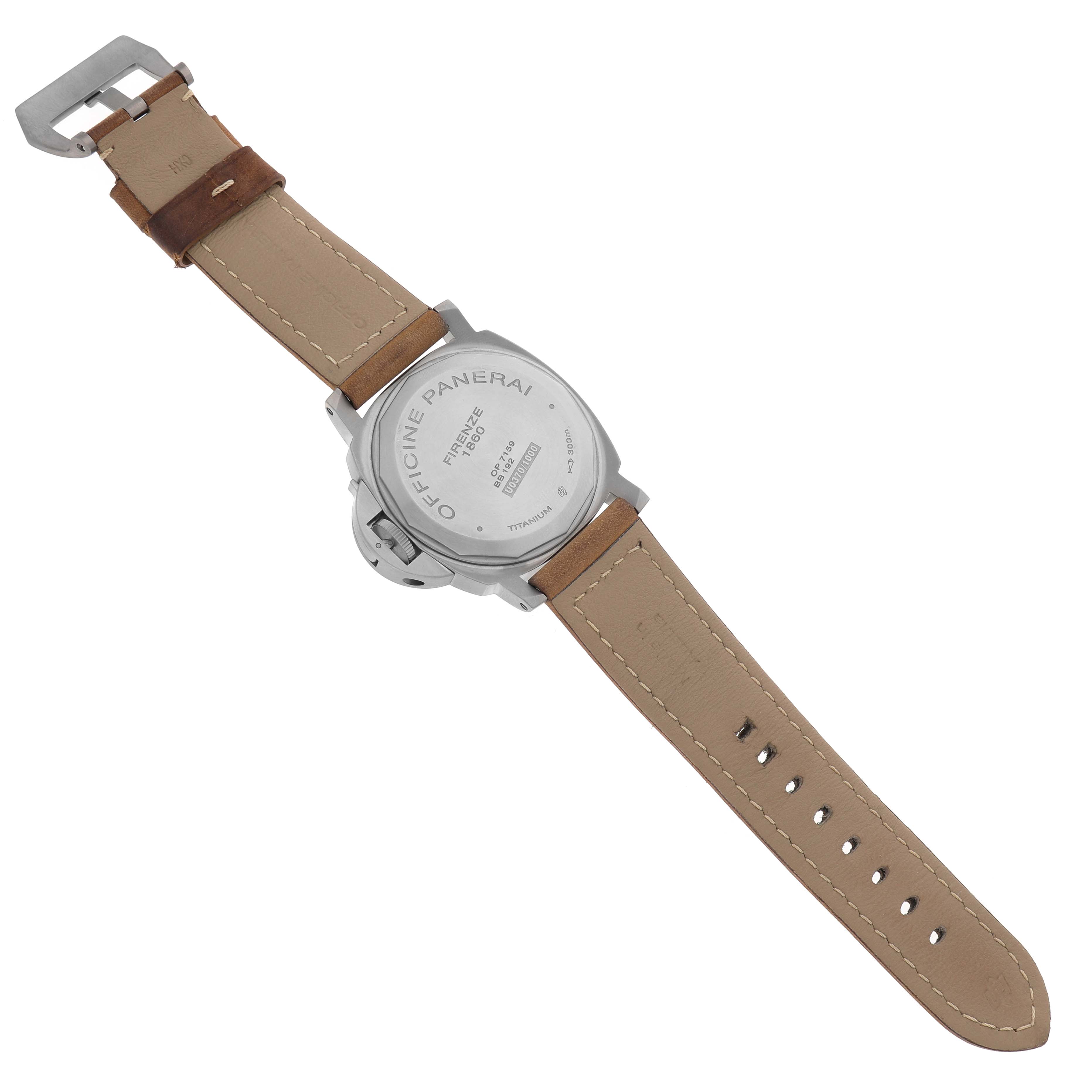 The image shows the back of the Panerai Luminor PAM00797 Men's Titanium Brown Dial watch, displaying the case back and leather strap.
