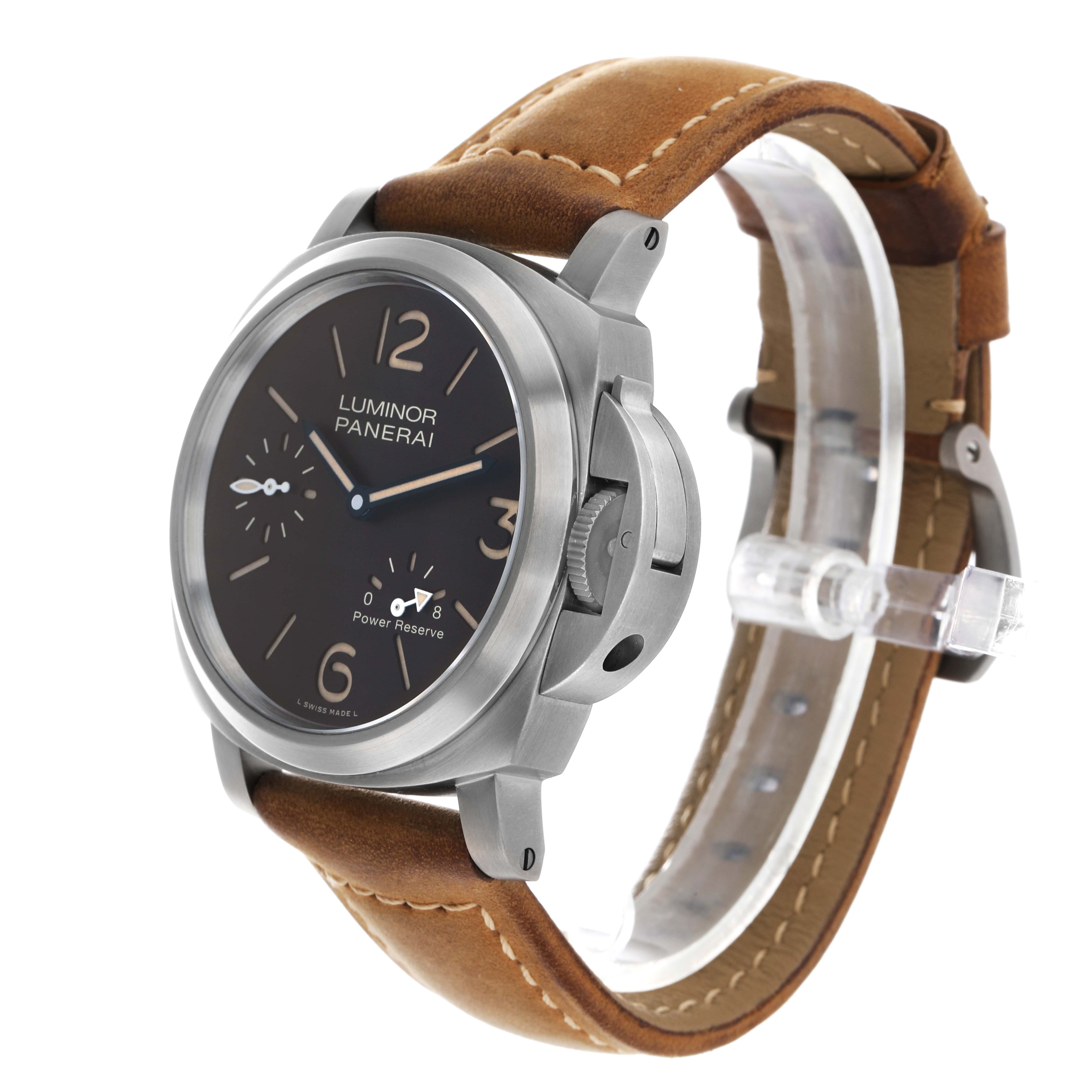 The Panerai Luminor PAM00797 Men's Titanium Brown Dial watch is shown at an angled side view, highlighting the dial, crown guard, and leather strap.