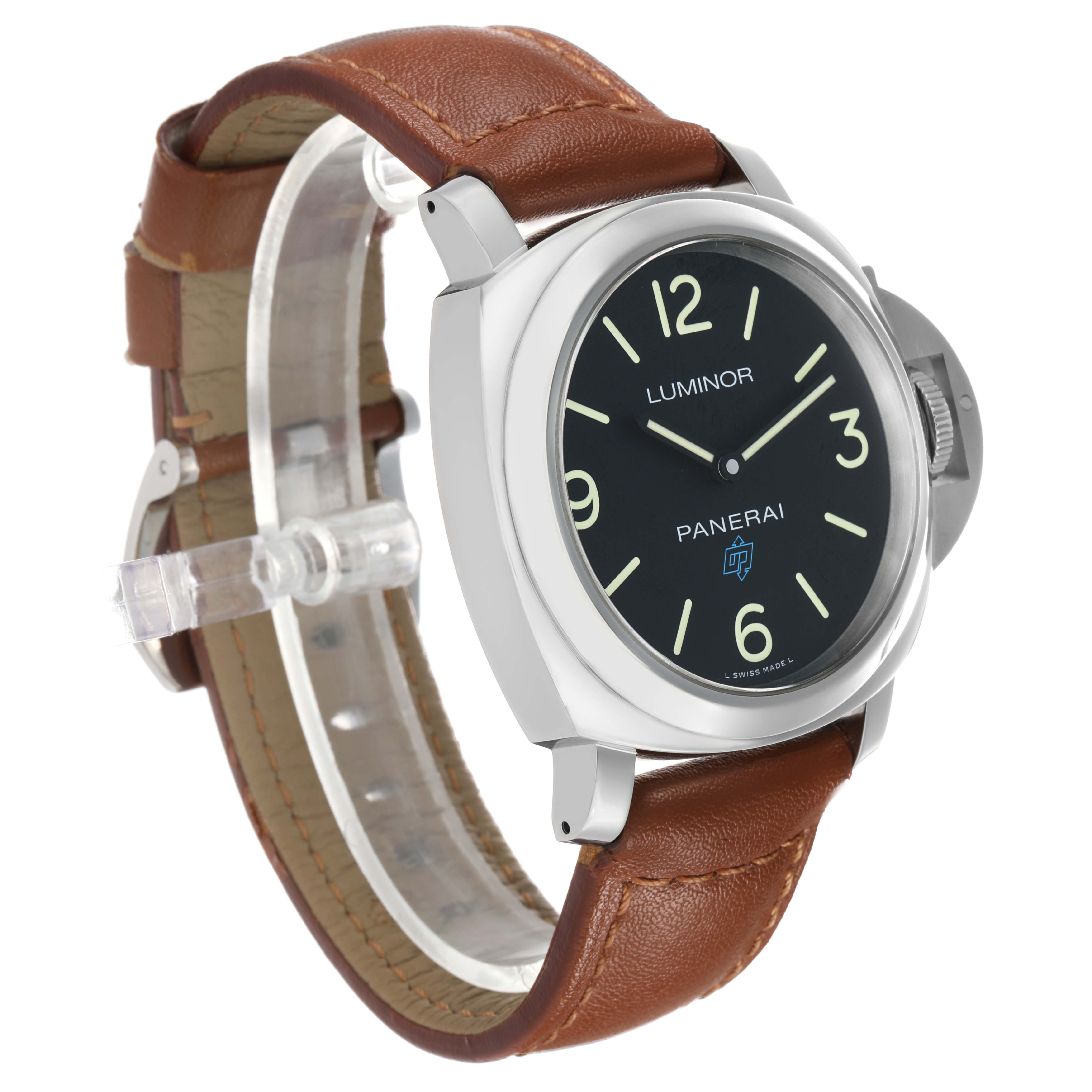 The Panerai Luminor PAM00774 Men's Stainless Steel Black Dial watch is shown at a three-quarter angle, highlighting the face, crown guard, and brown leather strap.