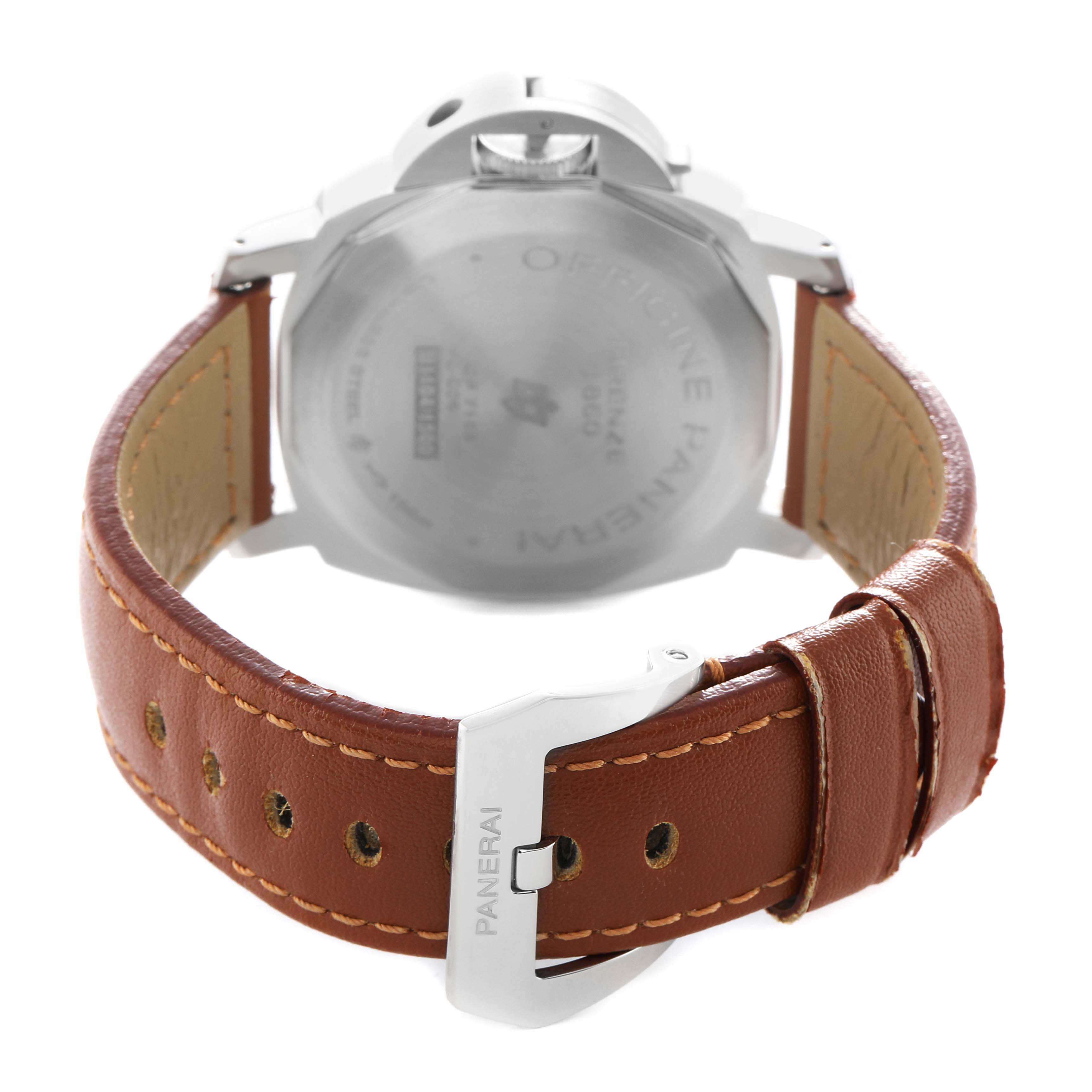 The image shows the back view of a Panerai Luminor PAM00774 Men's Stainless Steel Black Dial watch with its leather strap and buckle.