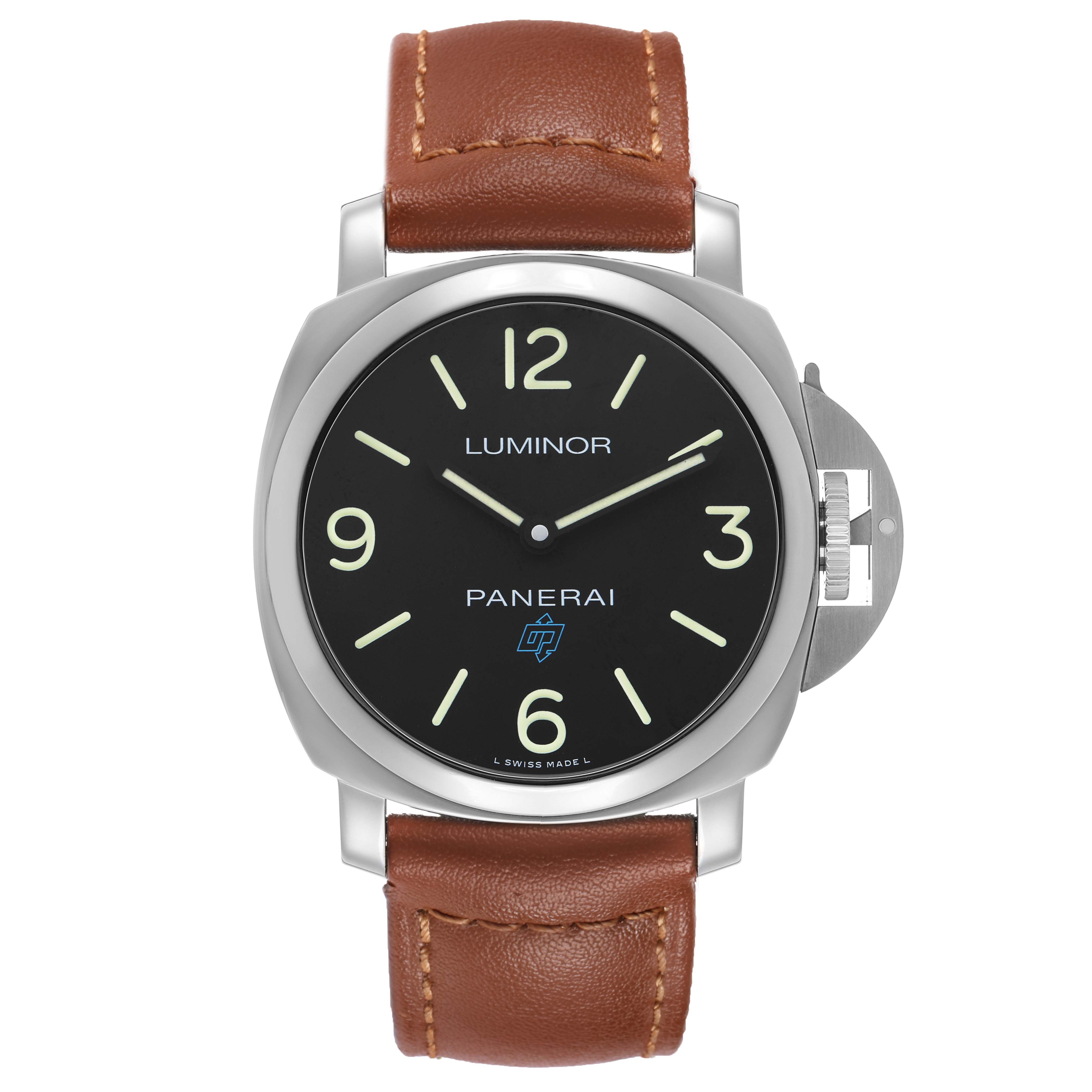 The Panerai Luminor PAM00774 Men's Stainless Steel Black Dial watch is shown from the front, featuring its black dial, large numerals, and brown leather strap.