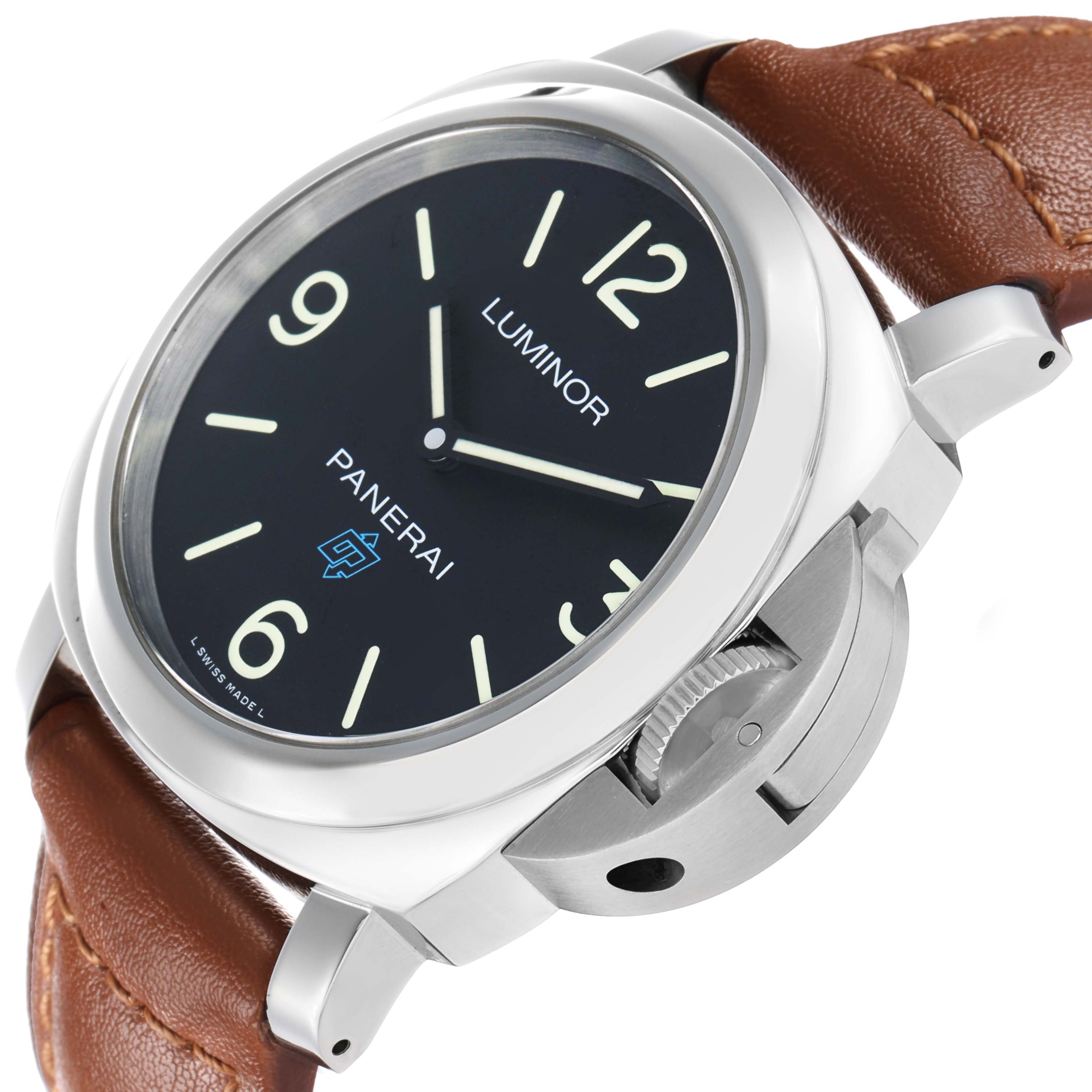 The Panerai Luminor PAM00774 Men's Stainless Steel Black Dial watch is shown at an angled view highlighting the case, dial, crown guard, and brown leather strap.