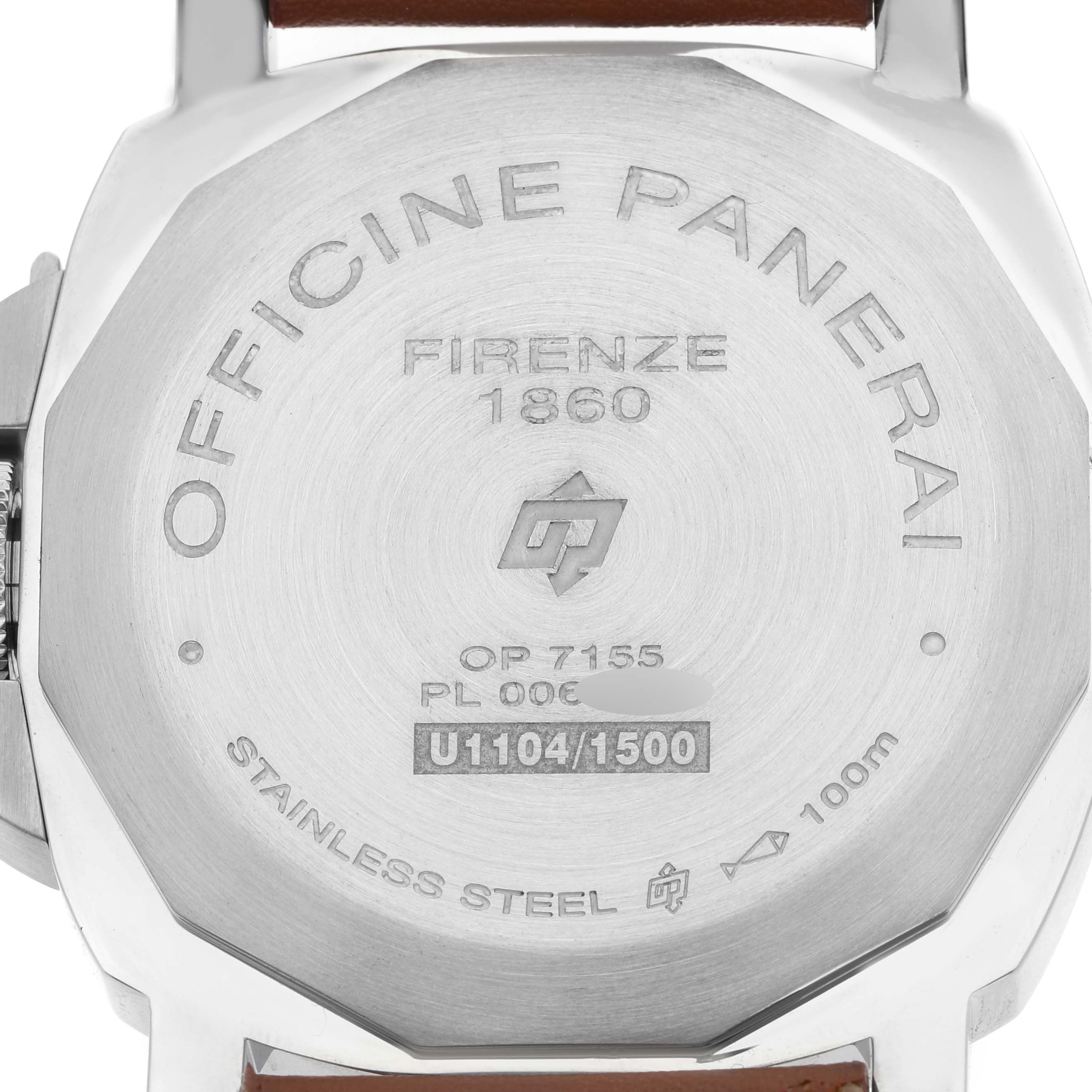 The image shows the back case of a Panerai Luminor PAM00774 Men's Stainless Steel Black Dial watch, featuring engravings and a portion of the strap.