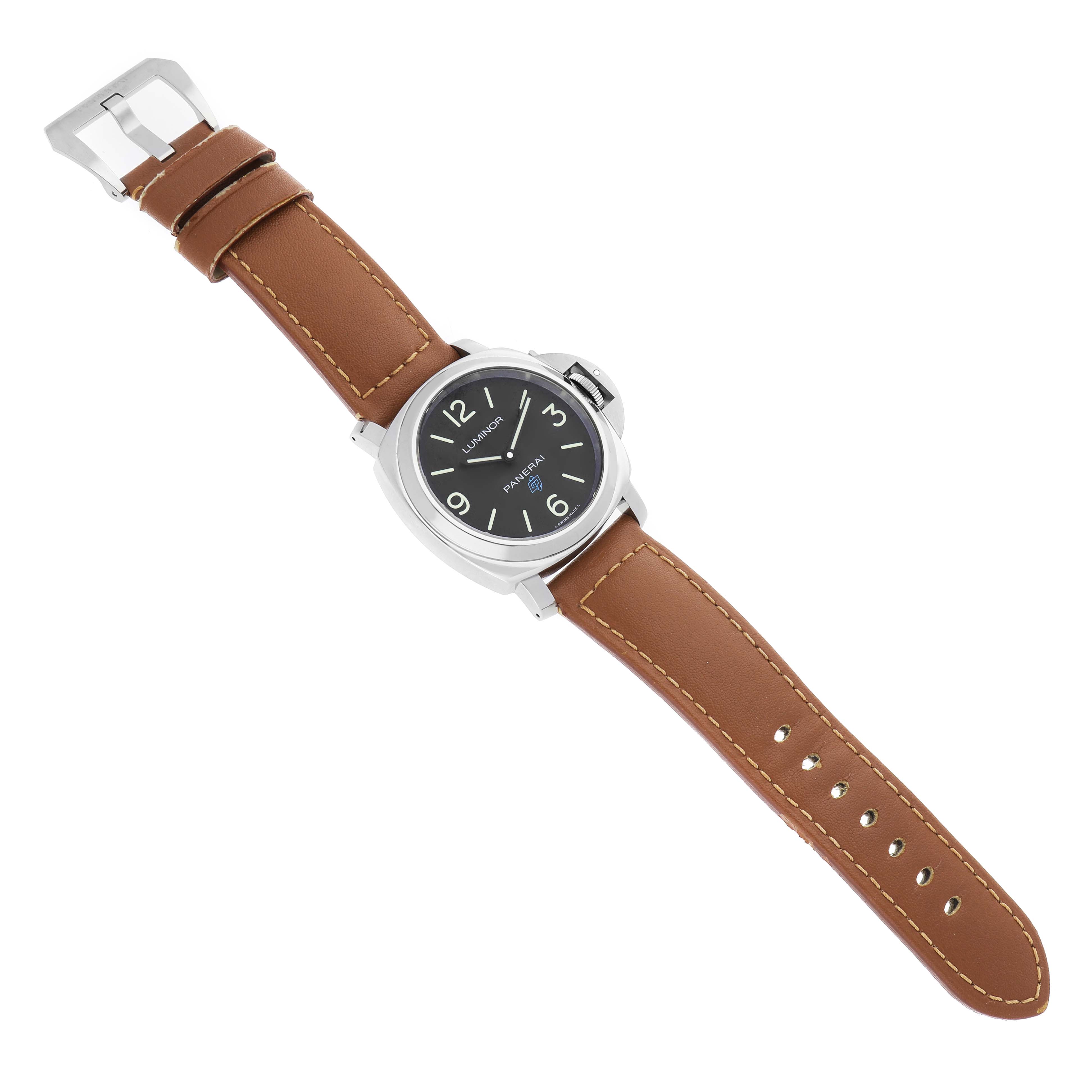 The Panerai Luminor PAM00774 Men's Stainless Steel Black Dial watch is shown from a top-down angle, displaying the face, case, and brown leather strap fully extended.