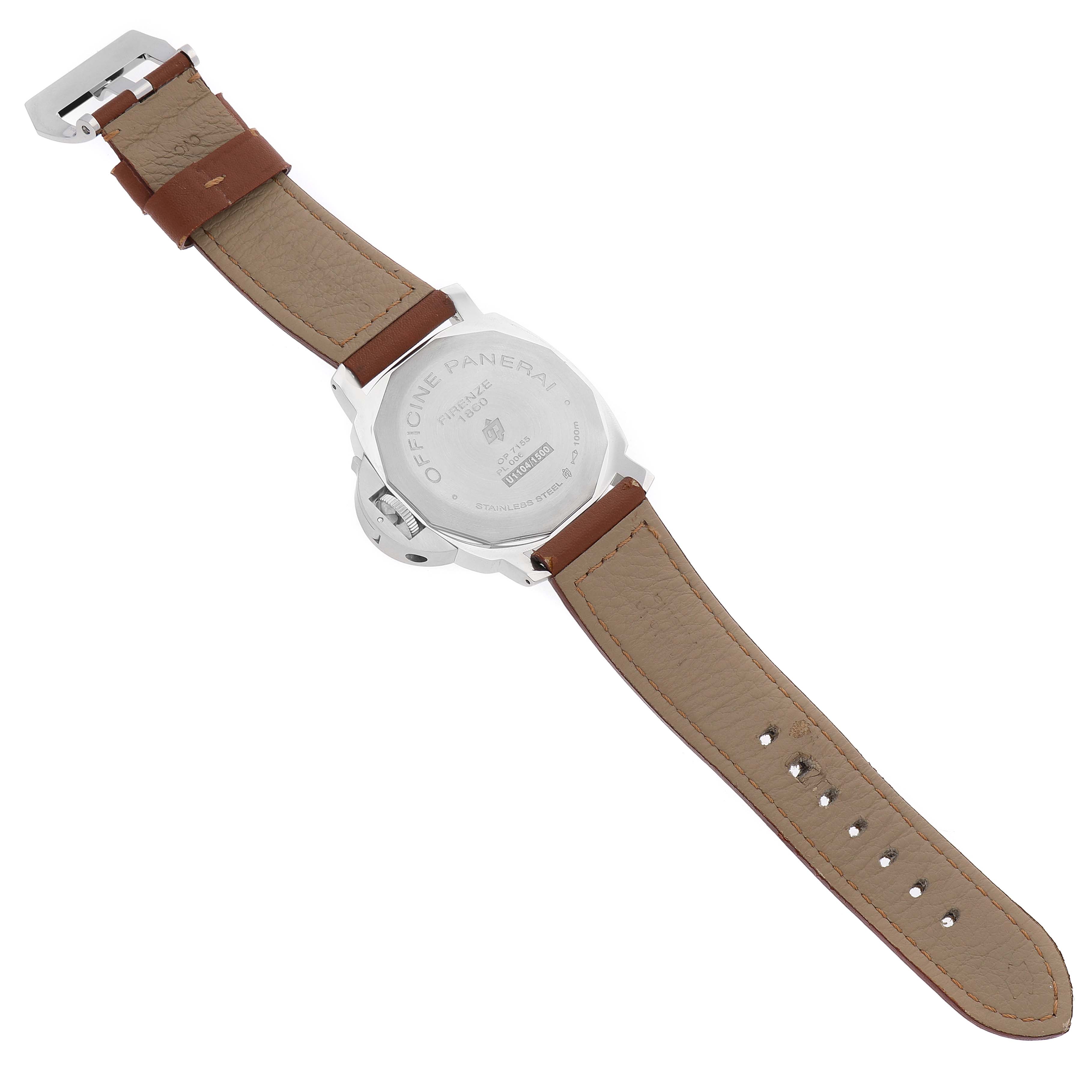 The image shows the backside of a Panerai Luminor PAM00774 Men's Stainless Steel Black Dial watch, highlighting the case back and leather strap.