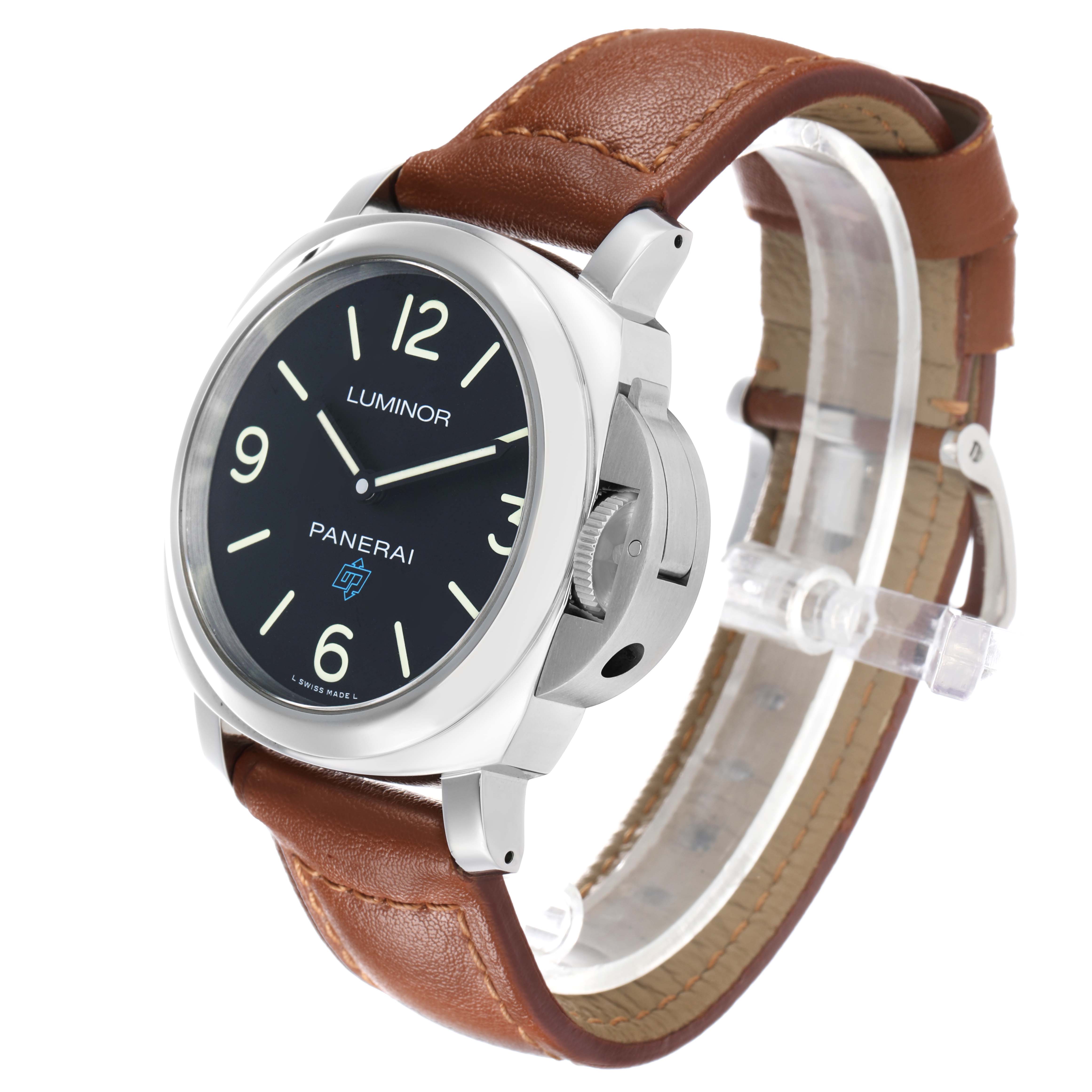 The Panerai Luminor PAM00774 Men's Stainless Steel Black Dial watch is shown at a three-quarter angle, highlighting the face, crown guard, and brown leather strap.